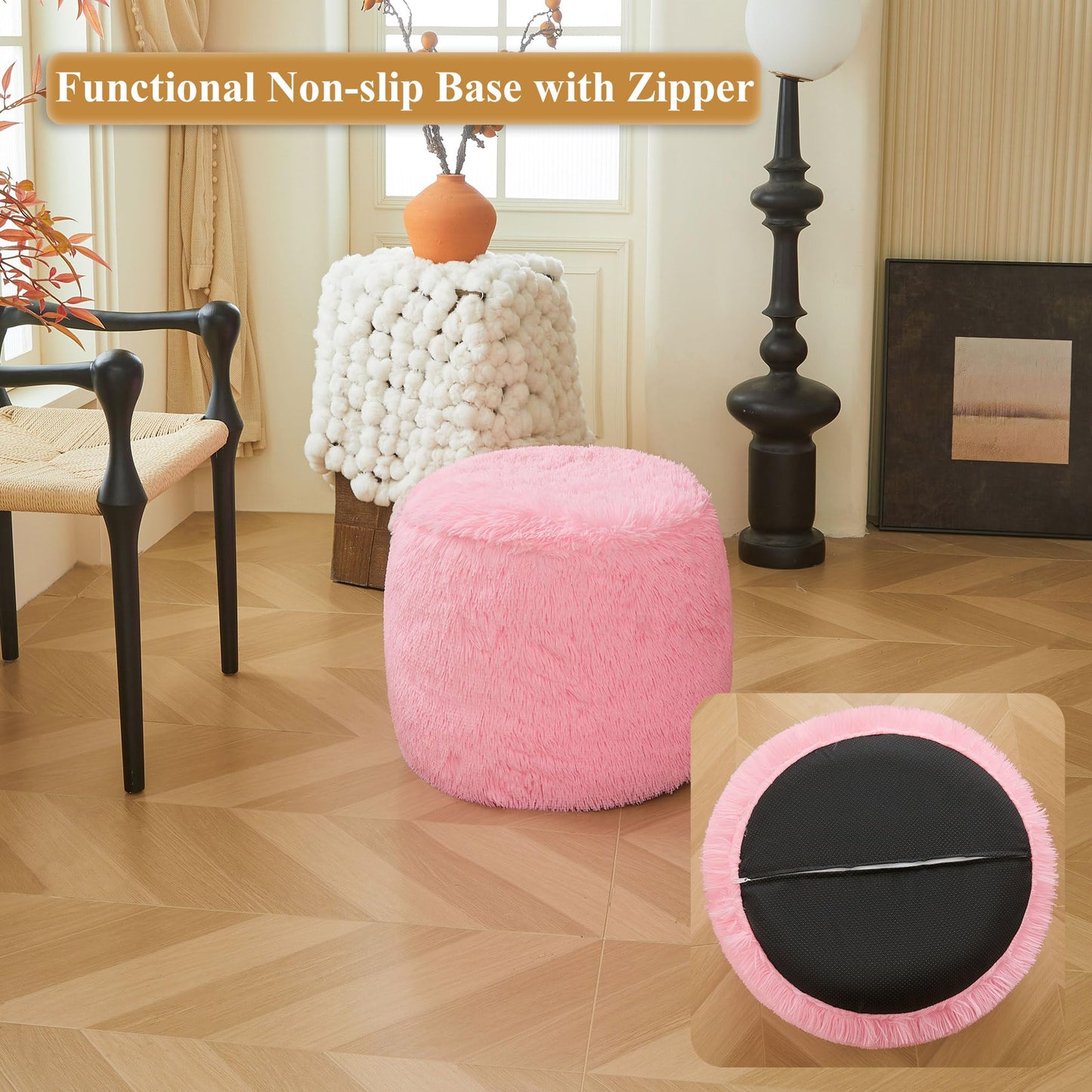 XeGe Fluffy Faux Fur Inflatable Pouf Ottoman, Cozy Shaggy Fuzzy Foot Stool, Plush Furry Foot Rest Floor Pouf Anti-Slip Kid Girl Adult, Foldable Round Ottoman Cushion for Living Room Bedroom, Pink