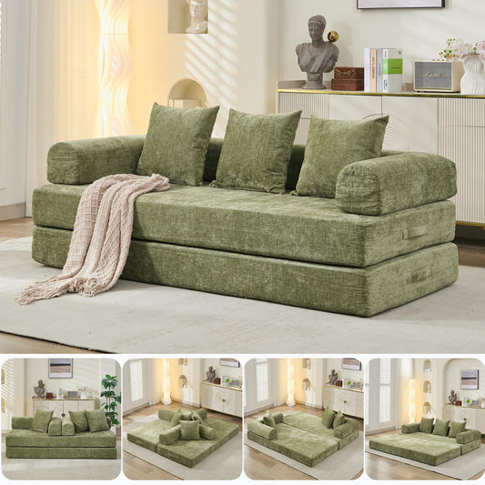 TISIMO Convertible Folding Sofa Bed Modular Floor Couch, 78.8‘’ Cloud Sleeper Sofa with Removable Backrest, Chenille Foldable Mattress Couch, Lazy Loveseat for Small Space, Apartment, Bedroom, Green