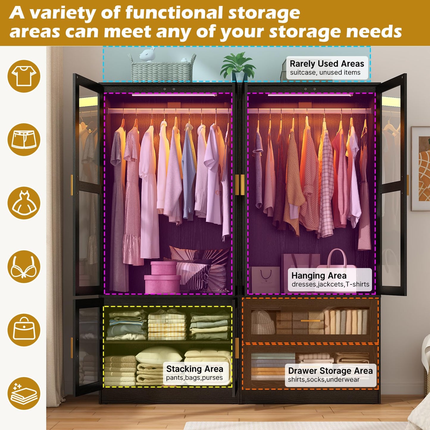 4 Doors Armoire Wardrobe Closet with LED and Mirror,71" H Freestanding Wooden Wardrobe Closet Cabinet for Bedroom w 2 Drawers,Wooden Clothing Storage Cabinet w Hanging Rod,Closets for Bedroom(Black)