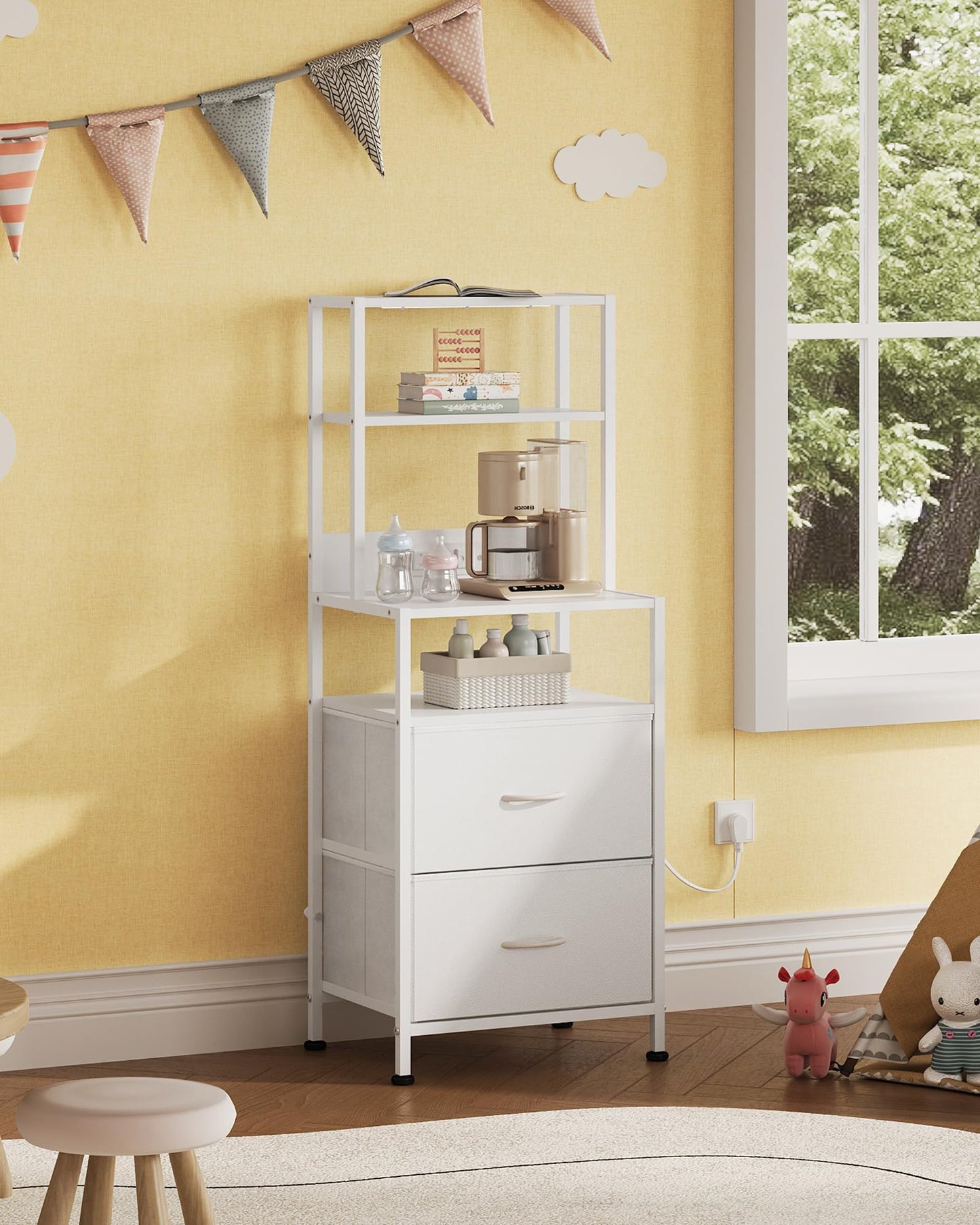 WLIVE Nightstand Set of 2 with Charging Station, LED Night Stands with 2 Fabric Drawers and 4 Storage Open Shelves, Bedside Table Sets for Bedroom, White