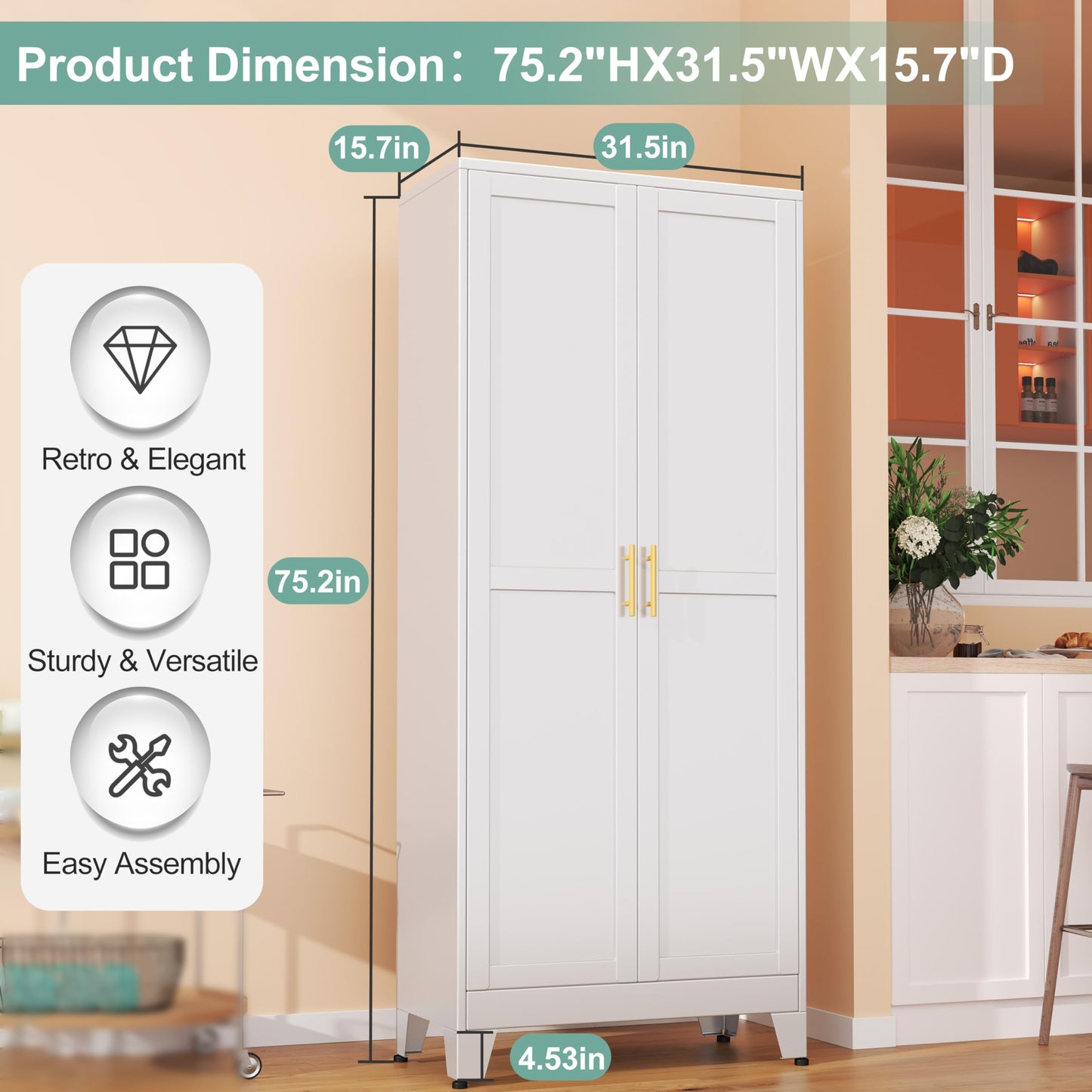 Metal Pantry Cabinet with 2 Doors and 5 Adjustable Shelves, 75" Kitchen Storage cabinets with Gold Handles, Versatile Storage for Laundry Room, Living Room, Bathroom, Dinning Room, Utility Room-White