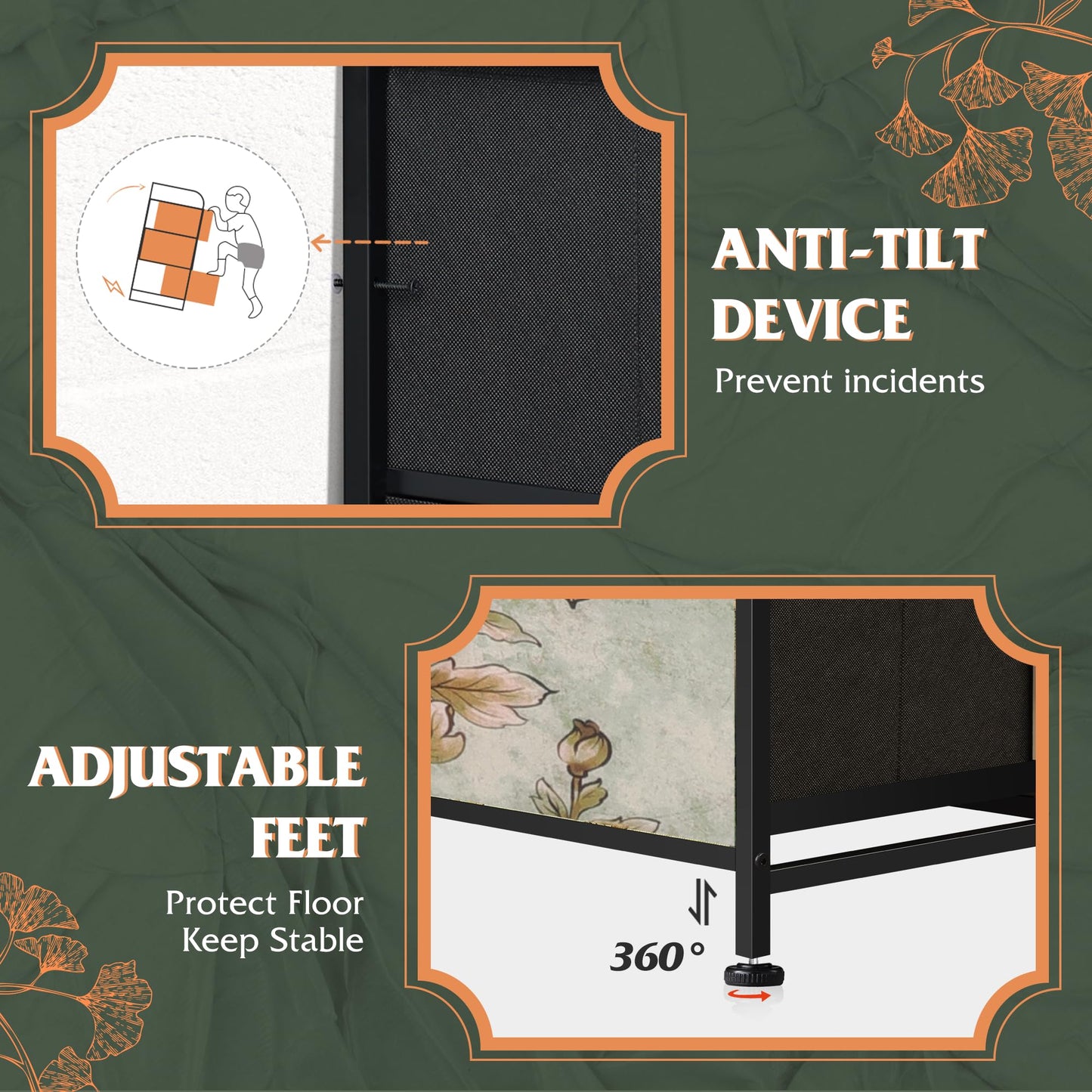 WLIVE 8 Drawer Dresser for Bedroom, Wide Fabric Dresser Storage Organizer, Chest of Drawers with Wood Top, Sturdy Steel Frame, Dressers for Living Room, Closet, Hallway, Floral Painted