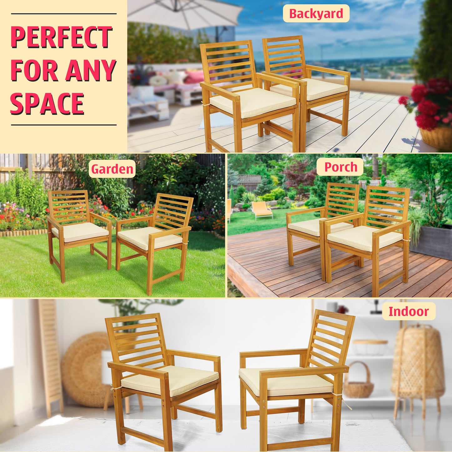 Tranquillo Solara Acacia Wood Outdoor Chairs Set of 2 with Cushions – Heavy-Duty 500lbs Capacity, Weather-Resistant Wooden Patio Armchairs, Solid Wood Garden & Deck Chairs for Outdoor Seating
