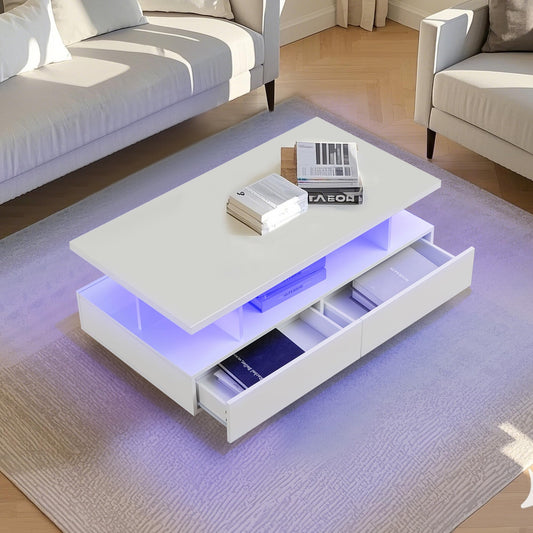 UYIHOME LED Coffee Table with Storage Modern High Gloss Coffee Table with 4 Drawers and Open Shelf Center Table for Living Room, White