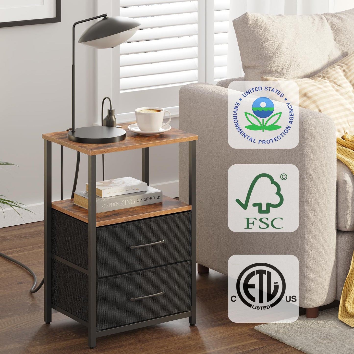 TUTOTAK End Table with Charging Station, Side Table with 2 USB Ports and Outlets, Nightstand with Cloth Drawer, Set of 2, Couch Table, Brown and Black TB01BB052K