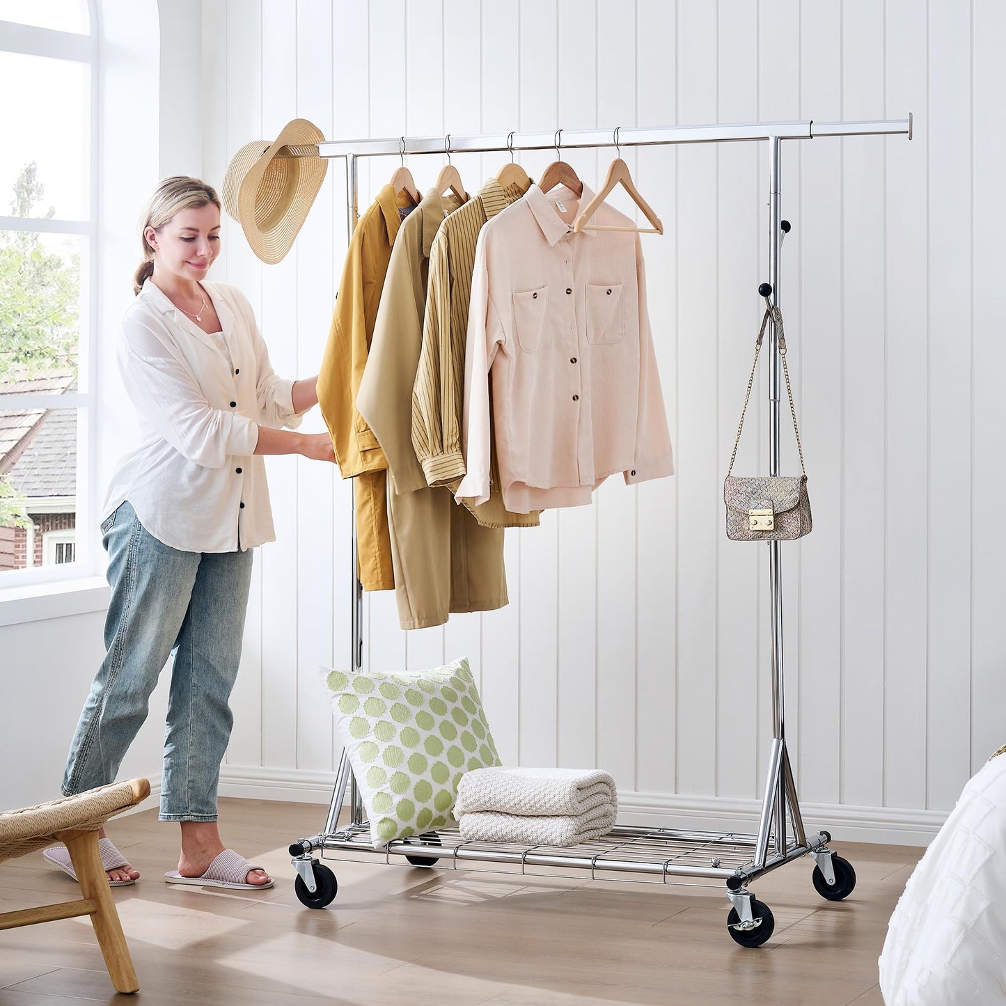 Gewudraw Heavy Duty Clothes Rack Load 530 LBS Metal Clothing Garment Rack Hang 200 pieces of clothing on Wheels Collapsible Rolling Portable & Adjustable with Hook for Hanging Clothes