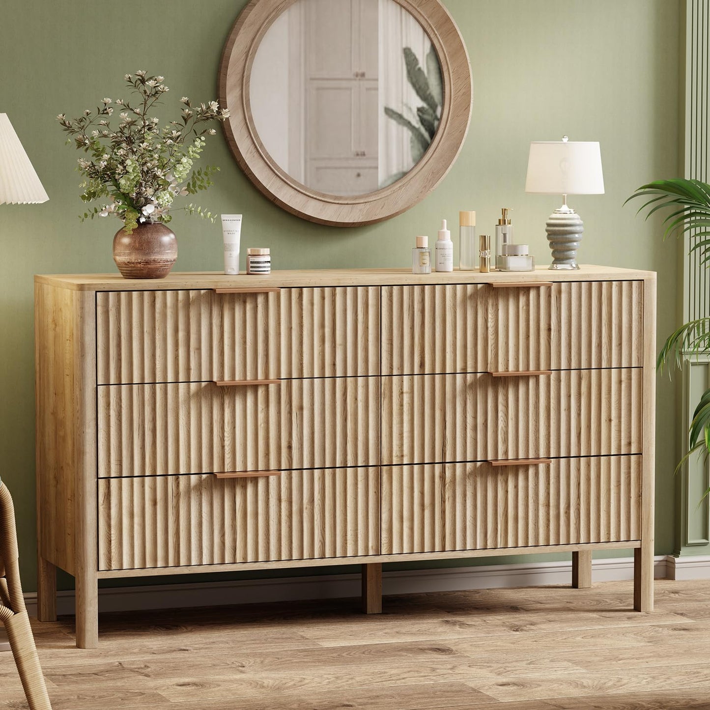 55" Wide Fluted 6 Drawer Dresser for Bedroom, Wooden Dresser Modern Chest of Drawers TV Stand Dressers with Organizer Storage for Bedroom, Living Room, Entryway, Oak