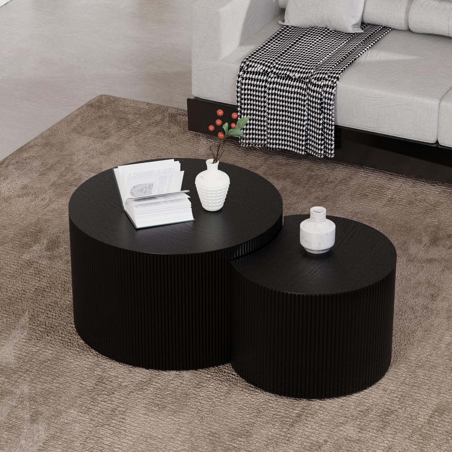WUPDPQS Round Nesting Coffee Table Black Round Fluted Coffee Table Set of 2 for Living Room Small Circle Drum Coffee Tables Crescent End Table (Black B 27in)