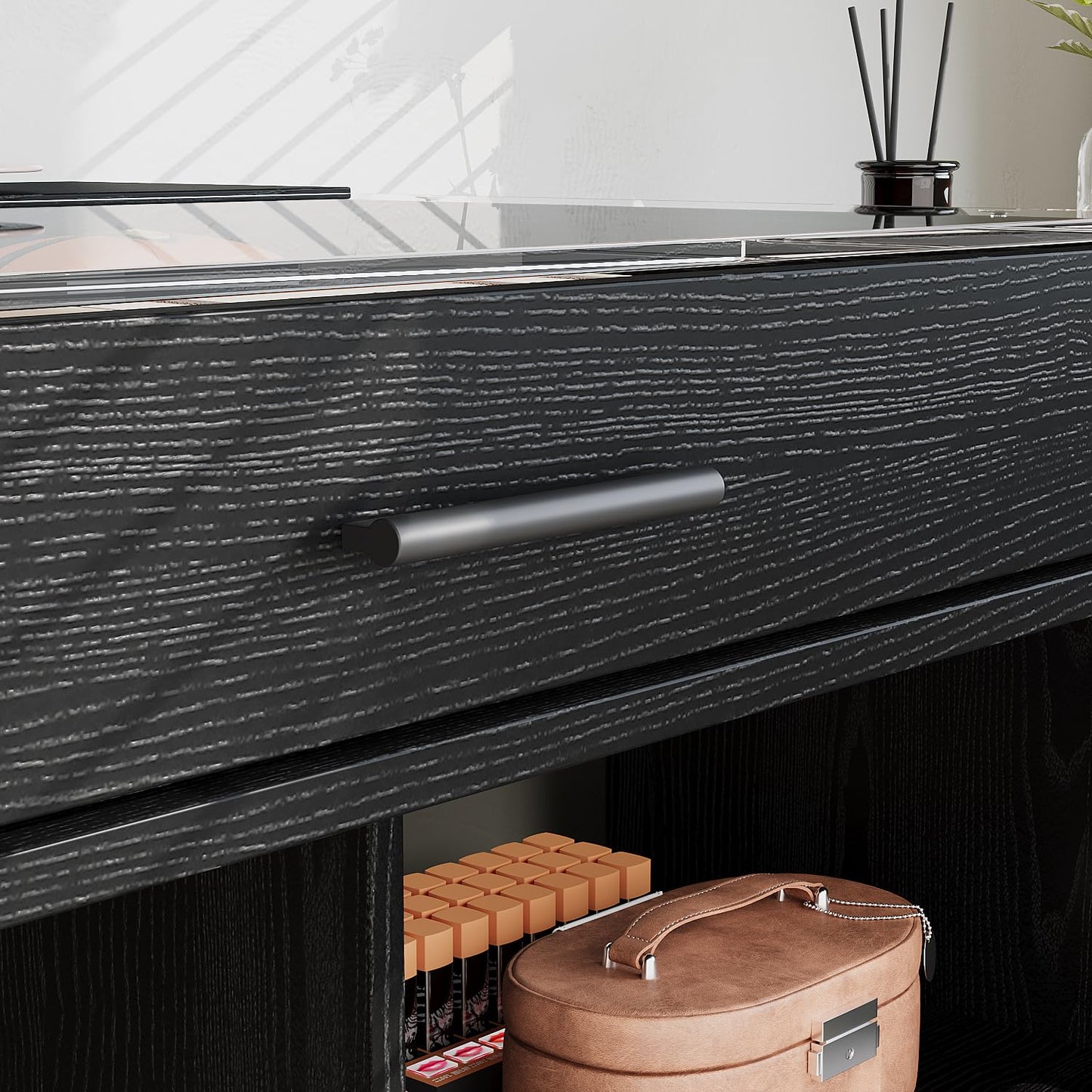 WOODTIME L-Shaped Makeup Vanity Desk with Glass Desktop & Cabinet, Corner Dressing Table with 5 Drawers & Shelves, Black Wood Grain