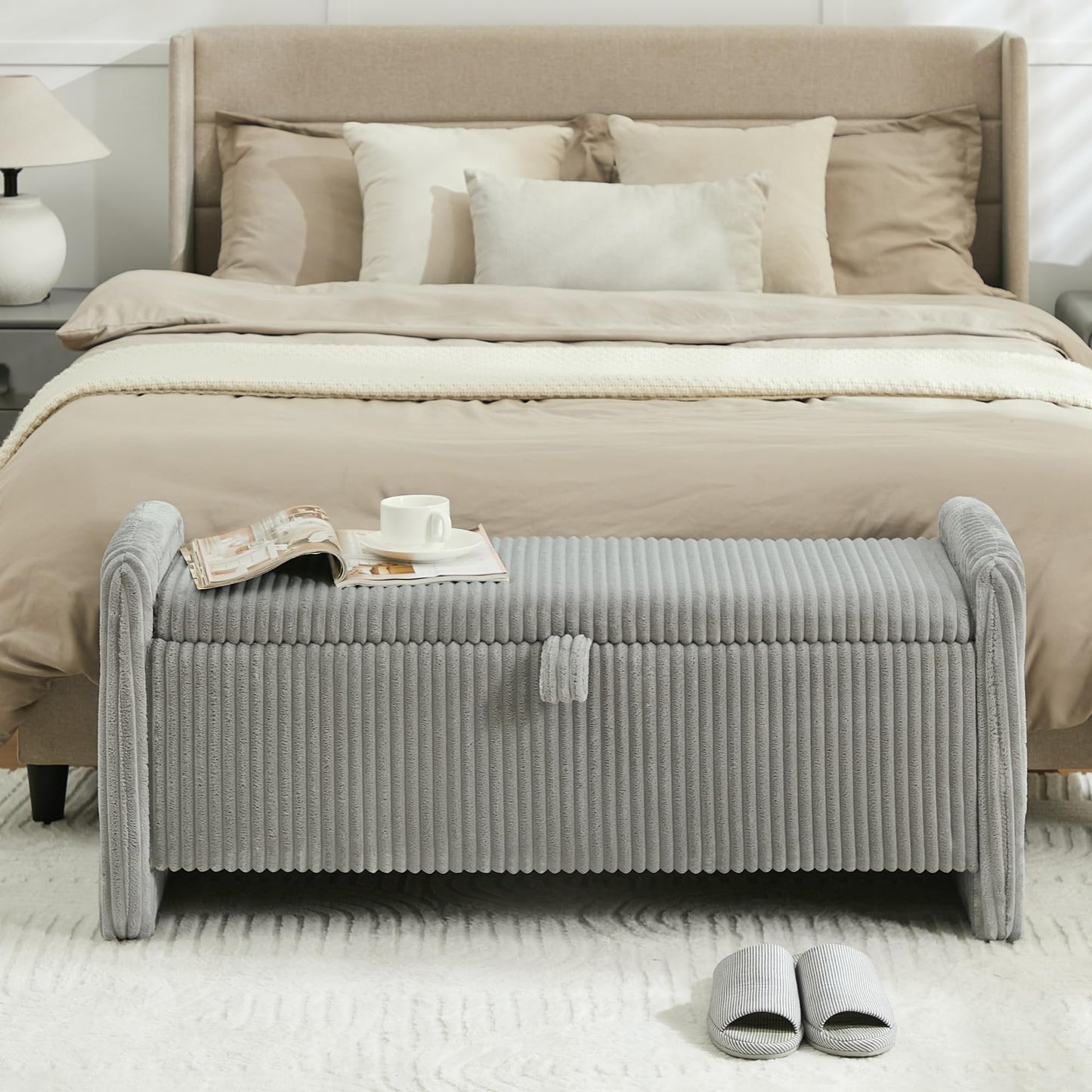 WUTUTUEE 44'' Corduroy Storage Ottoman Bench, Upholstered End of Bed Storage Bench with Safety Hinge, Linear Bed Bench for Bedroom, Living Room, Entryway, Grey