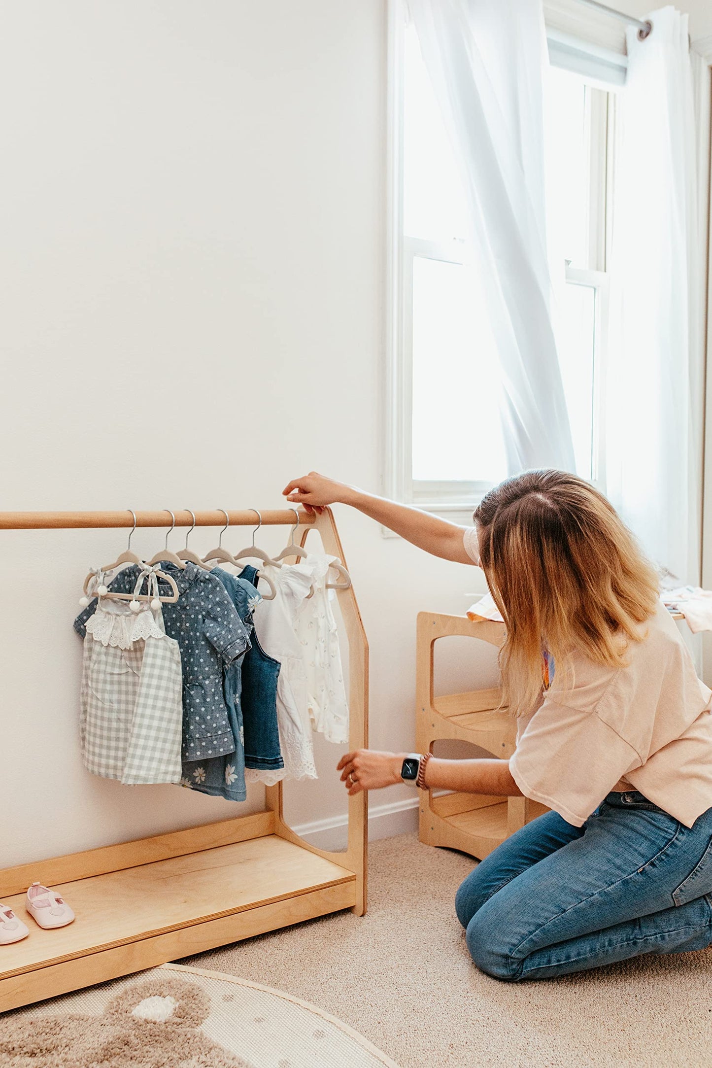 WOOD&ROOM Montessori Kids Clothing Rack with Shelf - Wooden Toddler Dress Up Clothes Rack - Kids Clothing Storage, Childrens Wardrobe Closet, Dressup Storage Organizer, Mini Closet For Kids Room