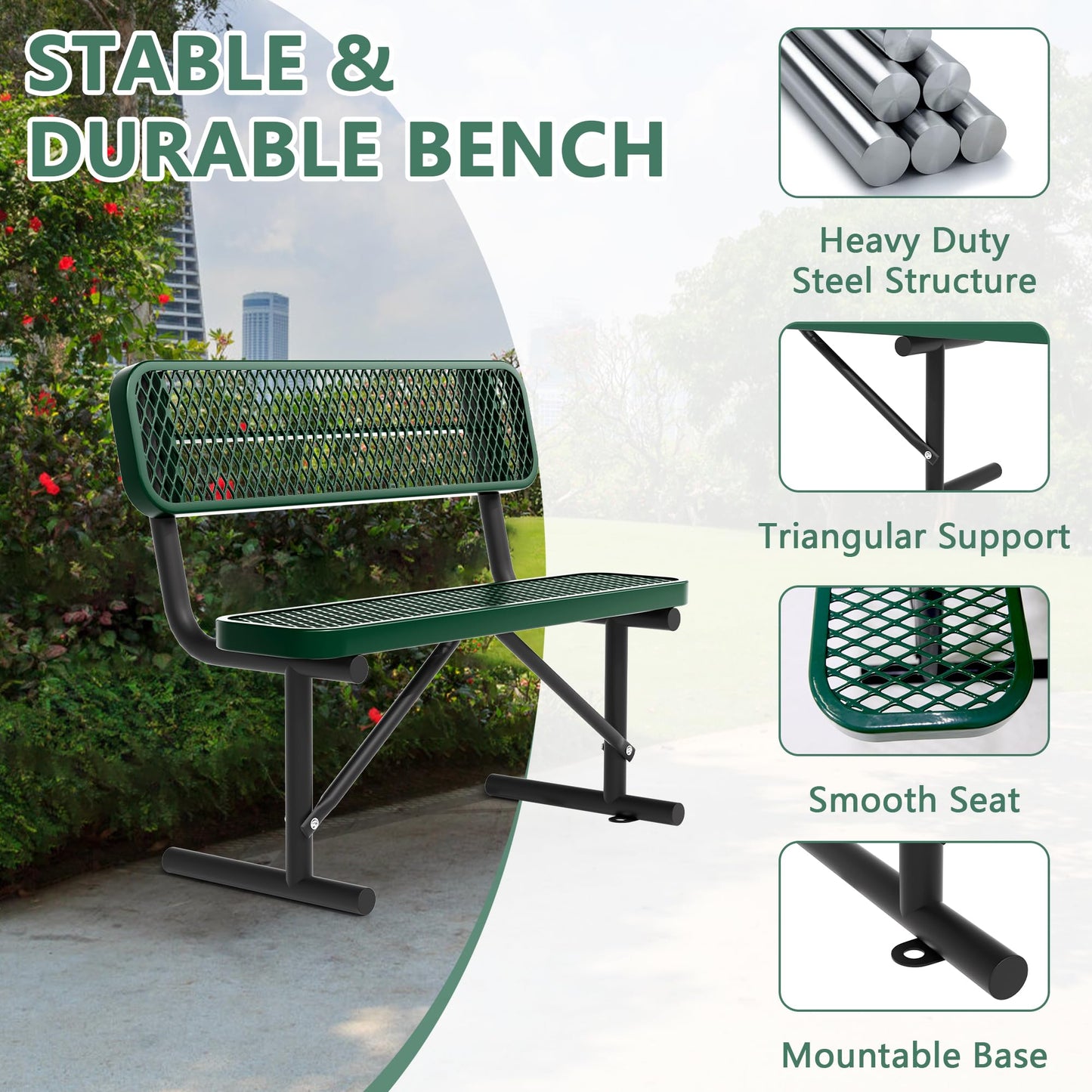 4FT Benches for Outside, Heavy-Duty Portable Outdoor Garden Bench with Back, Metal Park Bench, Commercial-Grade Seating,Industrial Bench Patio Bench Furniture for Beach Yard School Shopping Centers