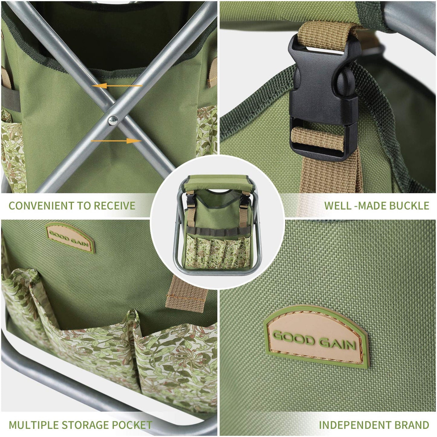 12 pcs Garden Tools Stool, Gardening Hand Tools Set with Folding Chair Seat and Garden Storage Tote Bag, Garden Tools Carrier, Digging, Gardening Gifts Set for Mom/Dad and Gardeners. Green