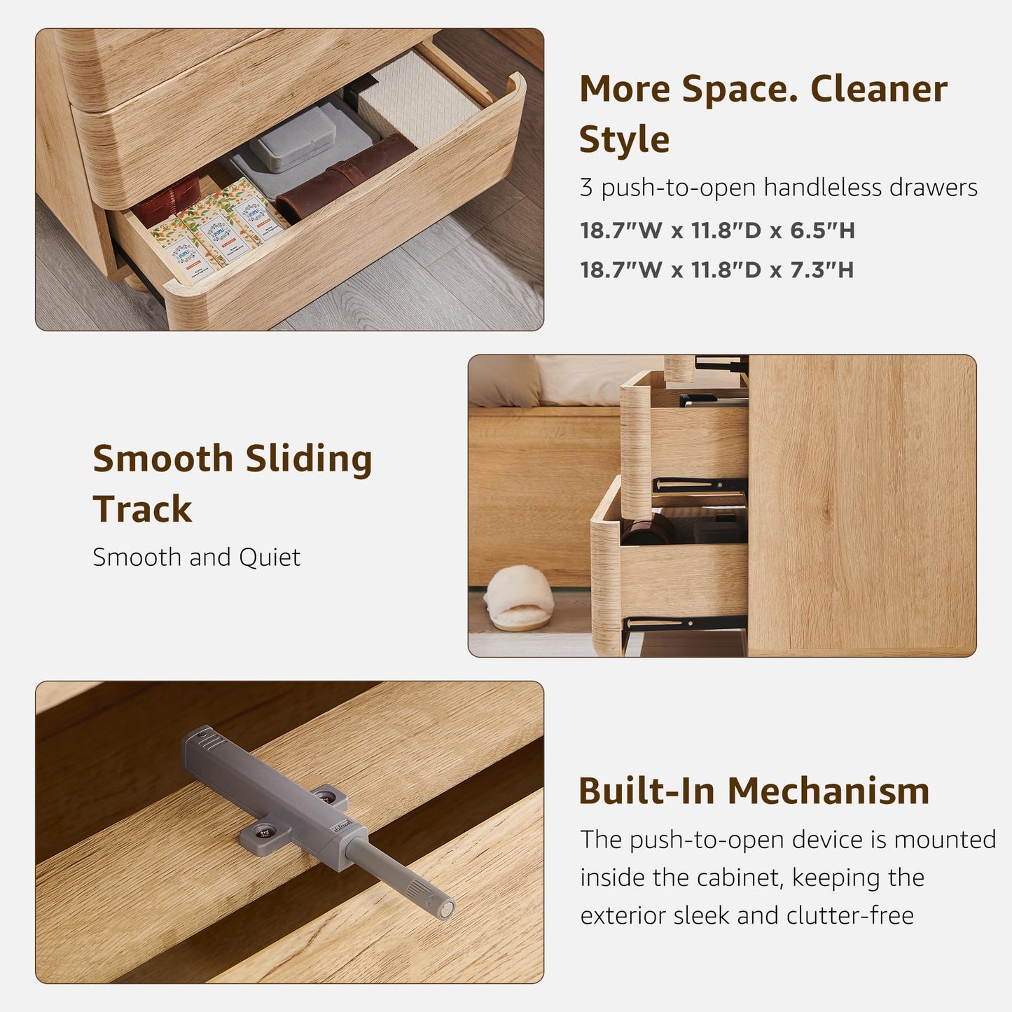 ACCOHOHO 22" Modern Nightstand with Charging Station, 3 Push-to-Open Handleless Drawers Bedside Table, Large End Table with Storage, Night Stand for Bedroom, Living Room, Curved Profile, Natural Oak