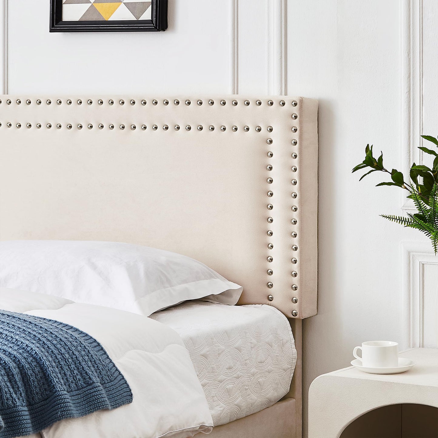 VECELO Twin Size Platform Bed Frame with Adjustable Upholstered Headboard, Nailhead Decor, Strong Wood Slat Support, No Box Spring Needed, Easy Assembly