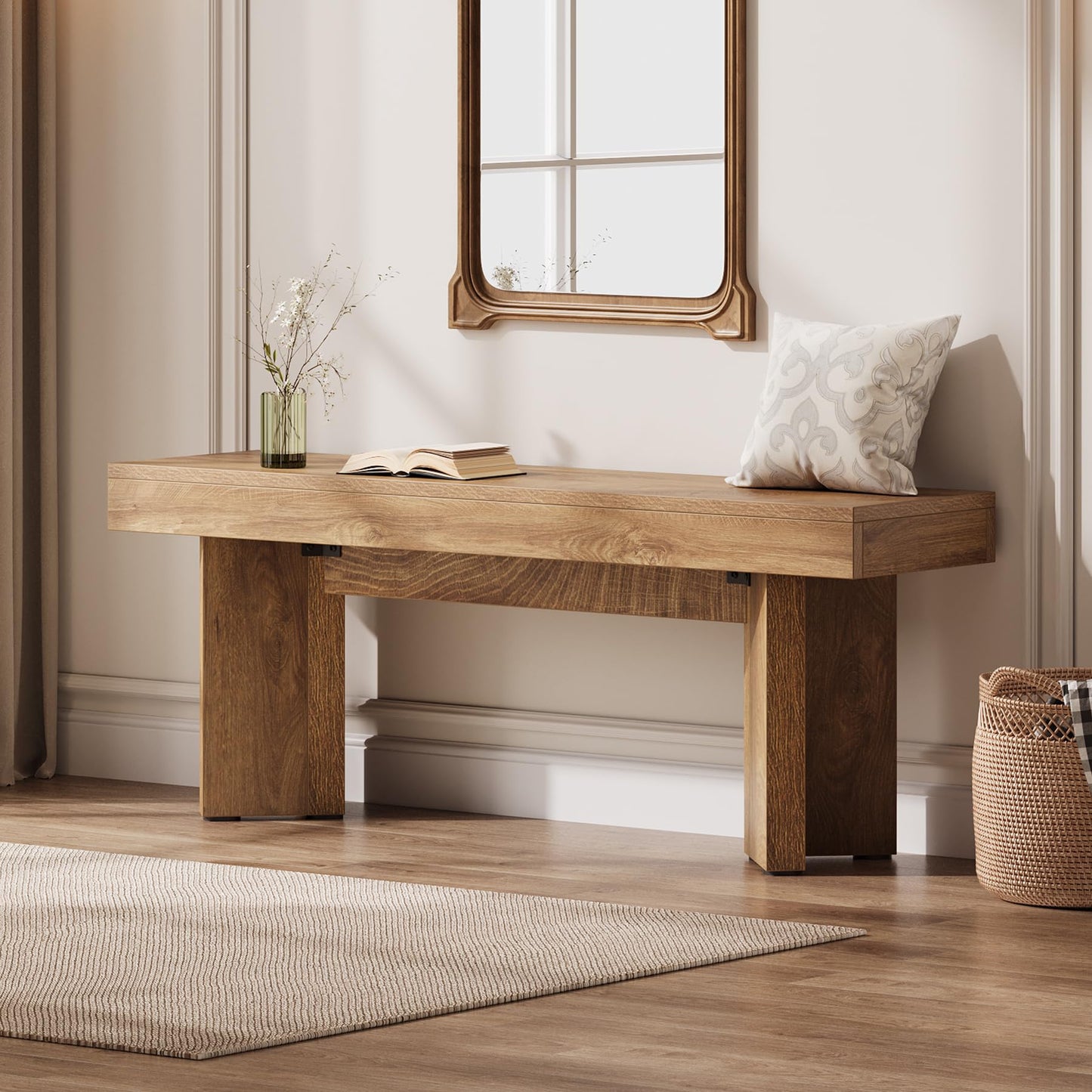 Tribesigns 47" Wooden Entryway Bench, Farmhouse Indoor End of Bed Bench, Long Table Benches Seat for Bedroom, Hallway, Foyer, End of Bed (Rustic Brown)