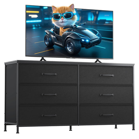 WLIVE 6 Drawer Dresser for Bedroom Large, Fabric Black Dresser TV Stand for 50, 55, 60 inch TV, Wide Long Chest of Drawers with Deep Drawer for Closet, Bedroom, Living Room, Hallway