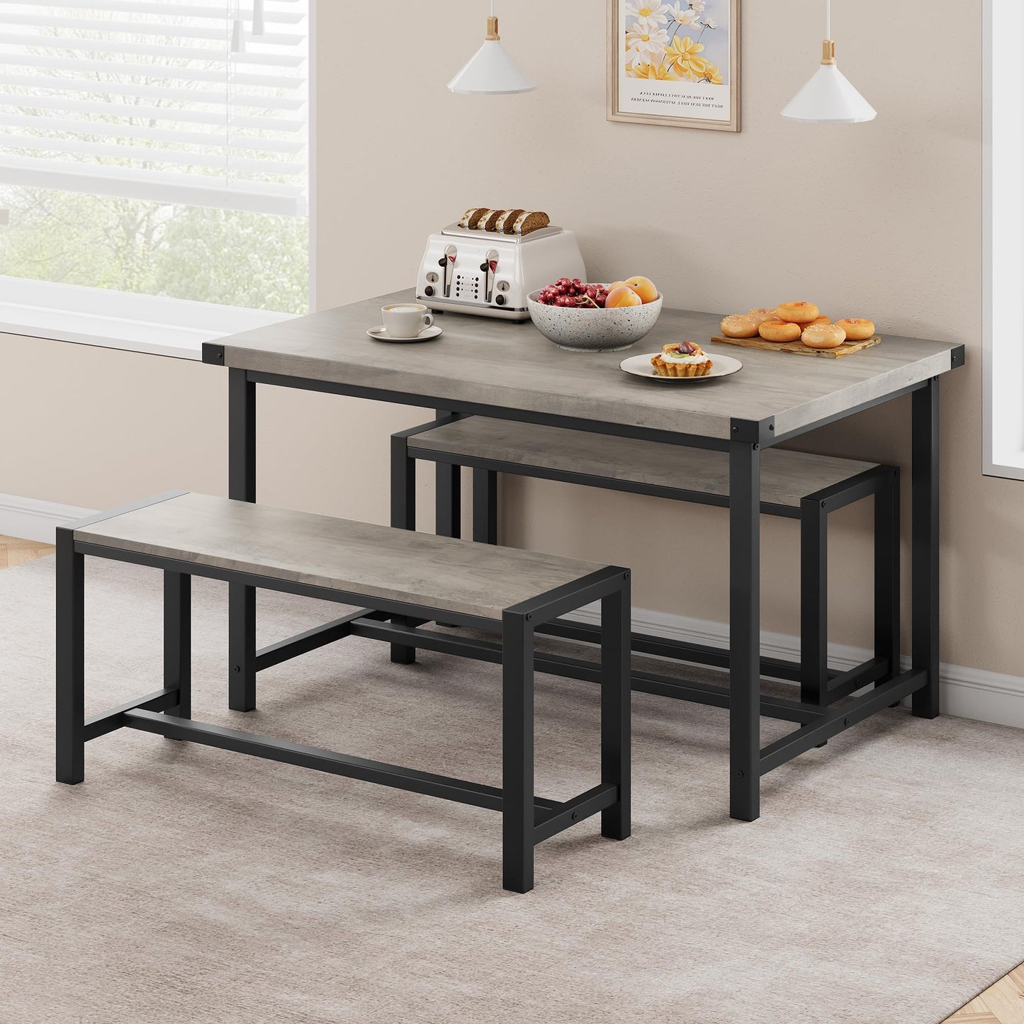 CABIHOME Dining Table and 2 Benches with Corner Protector, Dining Table Set for 4 with 2 Benches, Kitchen Table Set for 4-6 with H-Shaped Frame for Small Space, Kitchen, Apartment, Rustic Gray