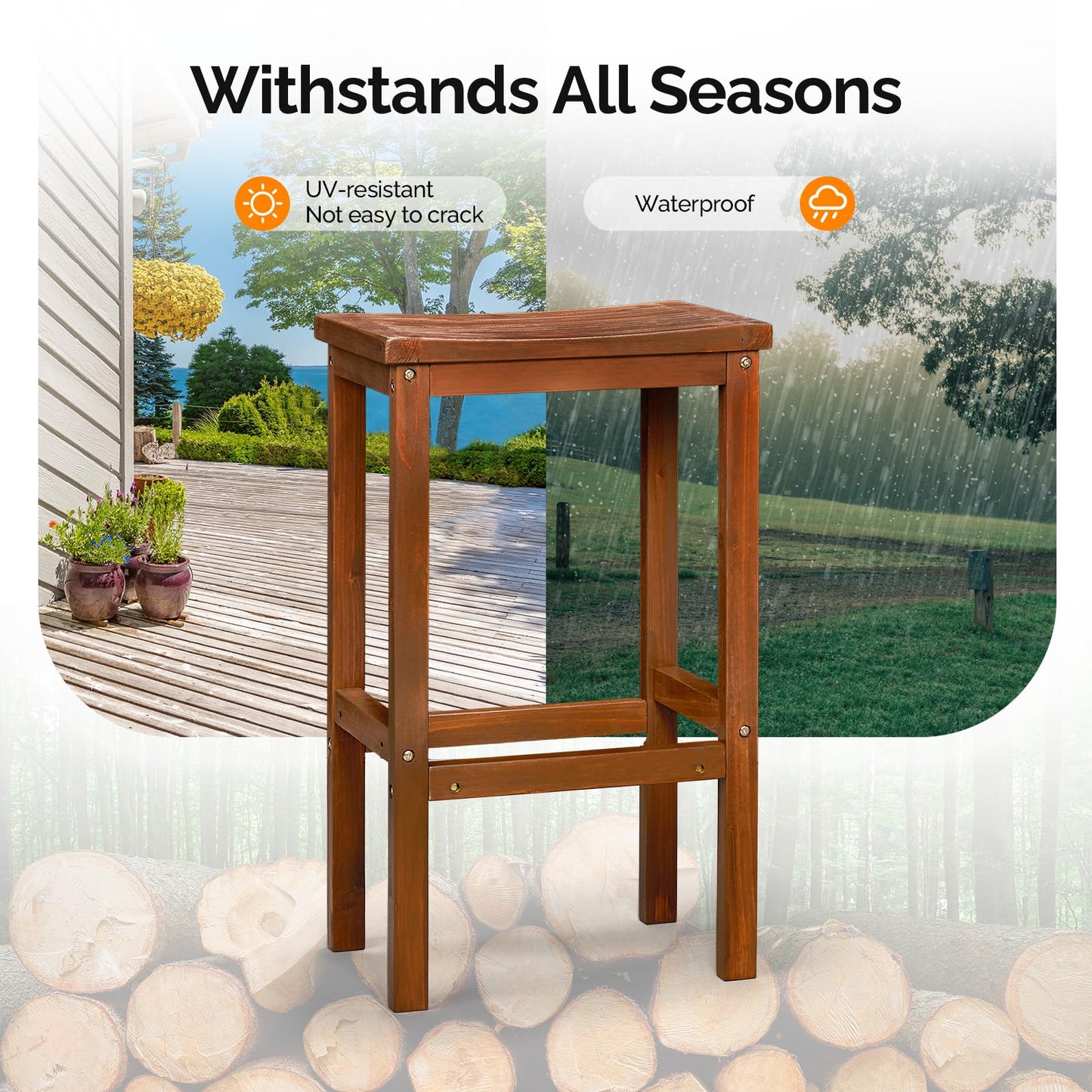 VINGLI Outdoor Bar Stools Set of 2, Solid Wood Bar Height Chairs Waterproof Patio Stools for Garden, Balcony, Kitchen, Backyard (Brown)