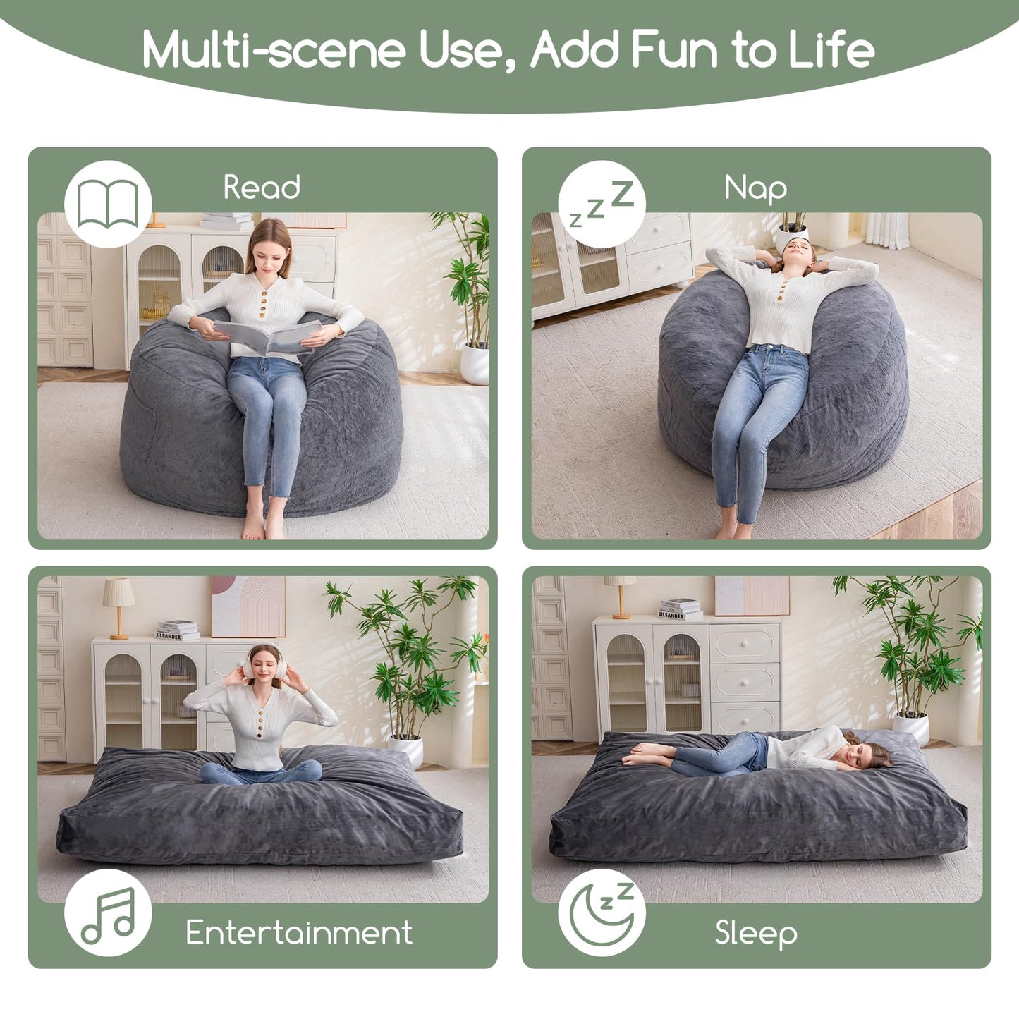 HIGOGOGO Giant Bean Bag Chair Bed for Adults,Convertible Beanbag Folds from Lazy Chair to Floor Mattress Bed,Large Floor Sofa Couch with High-Density Foam Filling, Machine Washable, Dark Grey