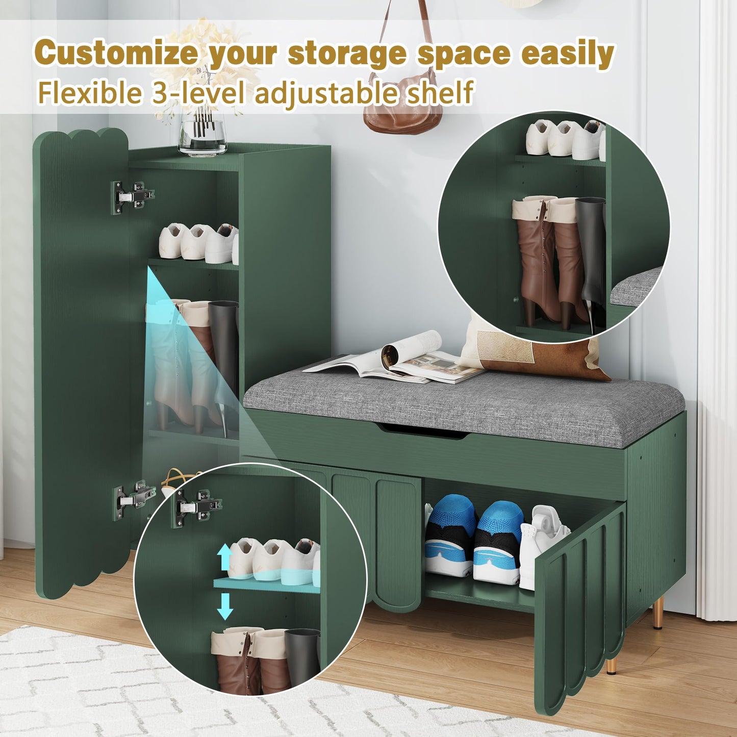 3More Shoe Organizer Cabinet，Entryway Bench with Adjustable Shelves and Cushioned Seat，Unique L-Shaped Bench Cabinet for Entryway, Hallway, Living Room