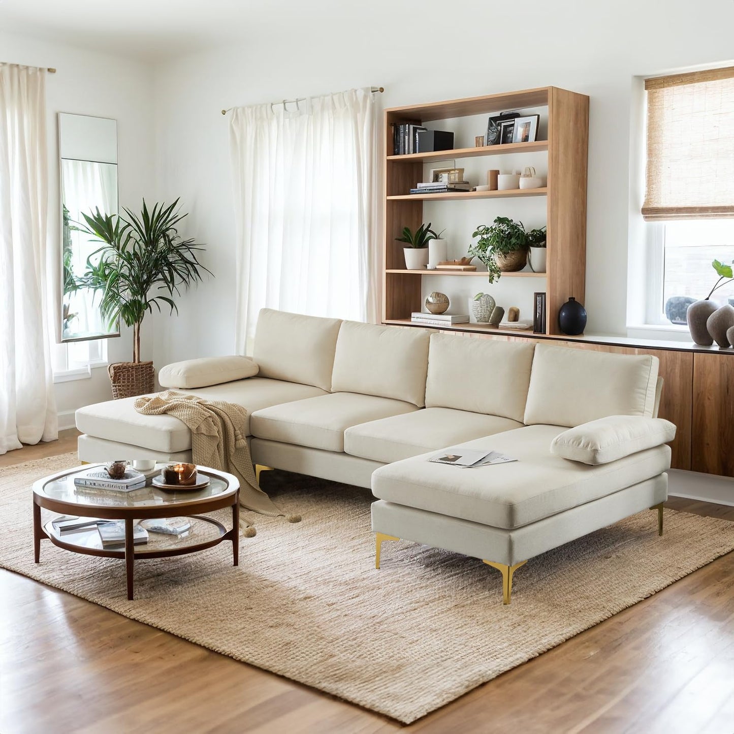 VINGLI 110" Modern U Shaped Sectional Couch with 51"D Double Chaise for Living Room, Beige Deep Seat Sectional Sofa Sets with 5.9" Thickness Seating Padding for Home Furniture,Linen Fabric,Metal Legs