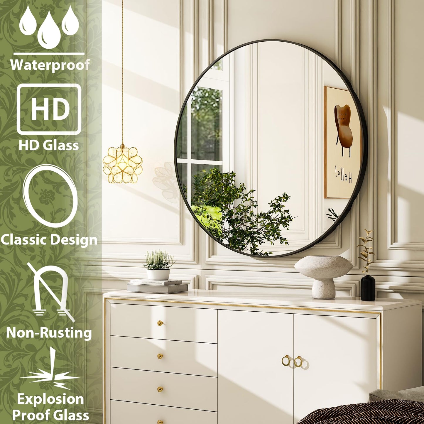 24 Inch Round Bathroom Mirror - Black Wall Mounted Circle Mirror with Metal Frame, Modern Round Hanging Mirror Suitable for Bathroom, Vanity, Entryway, Living Room