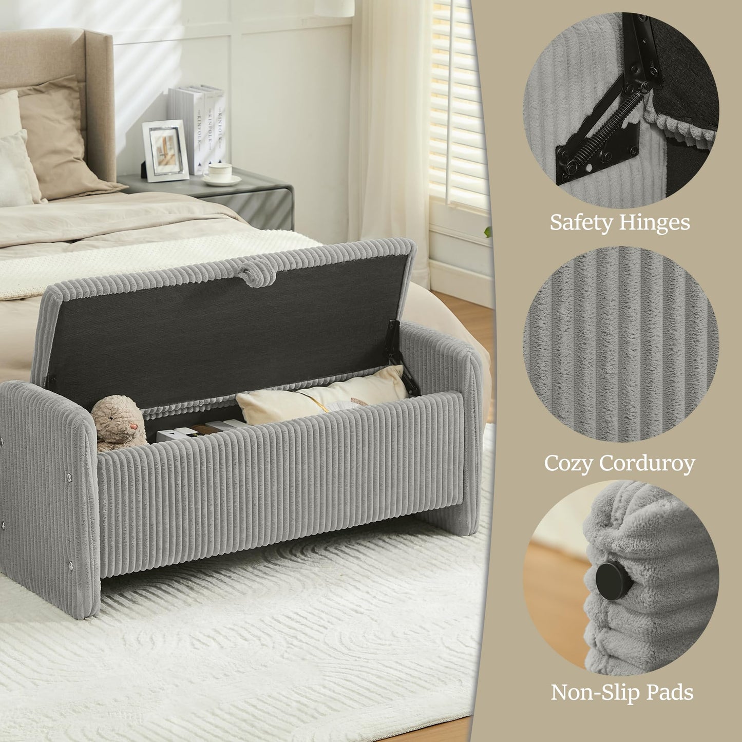 WUTUTUEE 44'' Corduroy Storage Ottoman Bench, Upholstered End of Bed Storage Bench with Safety Hinge, Linear Bed Bench for Bedroom, Living Room, Entryway, Grey