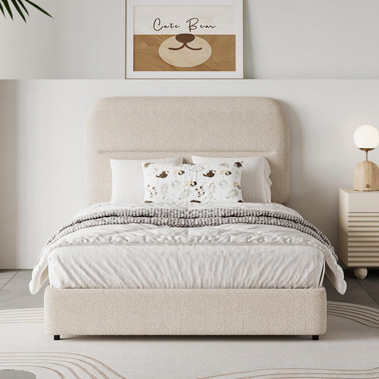 Twin Size Boucle Bed Frame, Upholstered Bed Frame with Headboard, Twin Bed Frames for Kids, Thickened Footboard/Rounded Corners/Adjustable Headboard/No Box Spring Needed/Easy Assembly, Beige