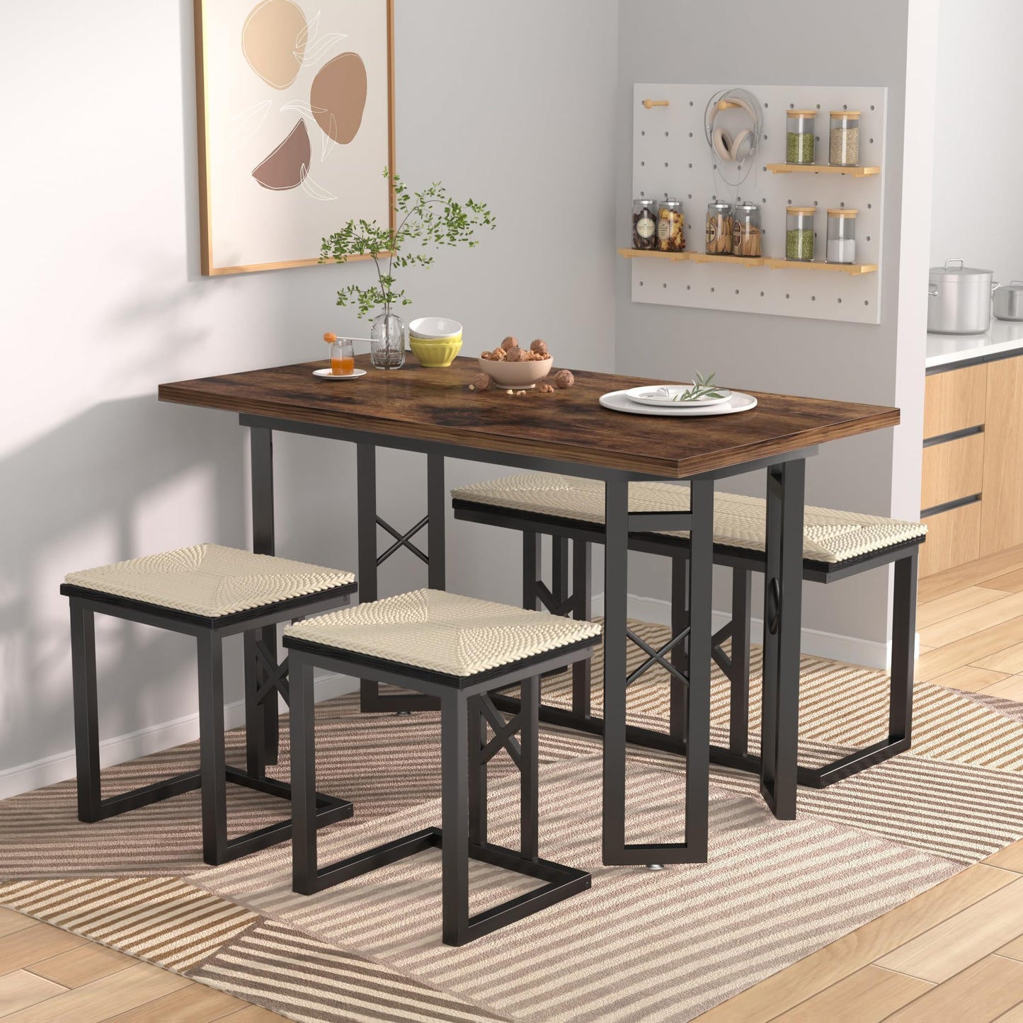 VECELO 43.3" Farmhouse Dining Table Sets, Kitchen Table for 4 with 3 Seats & Wicker Seat Cushions,Metal Frame Space-Saving Adjustable Feets Coffee Table for Home Kitchen Dining, Dark Brown