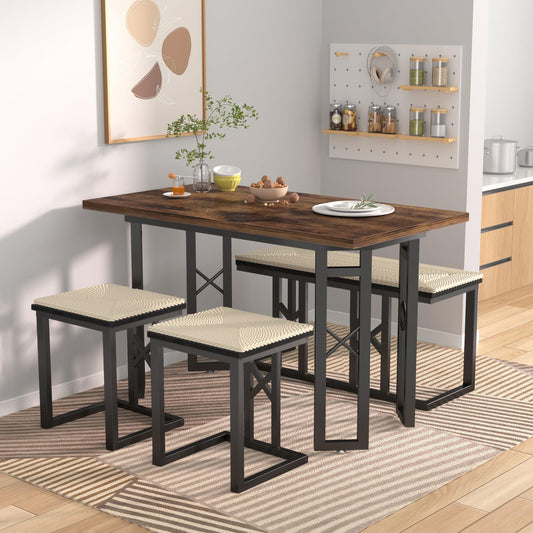 VECELO 43.3" Farmhouse Dining Table Sets, Kitchen Table for 4 with 3 Seats & Wicker Seat Cushions,Metal Frame Space-Saving Adjustable Feets Coffee Table for Home Kitchen Dining, Dark Brown