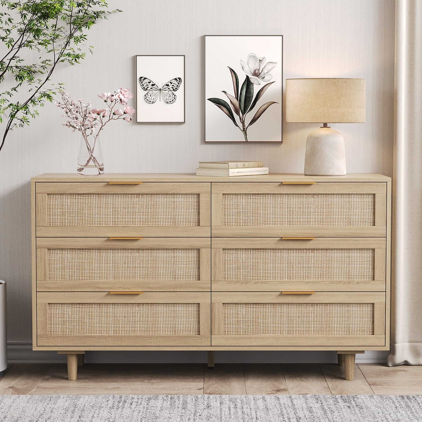 51" Rattan Dresser for Bedroom, 6 Drawer Wide Dresser, Boho&Farmhouse Chest of Drawers, Clothes Storage Cabinet, Metal Handle&Wood Legs for Hallway, Living Room, Bedroom, Wood