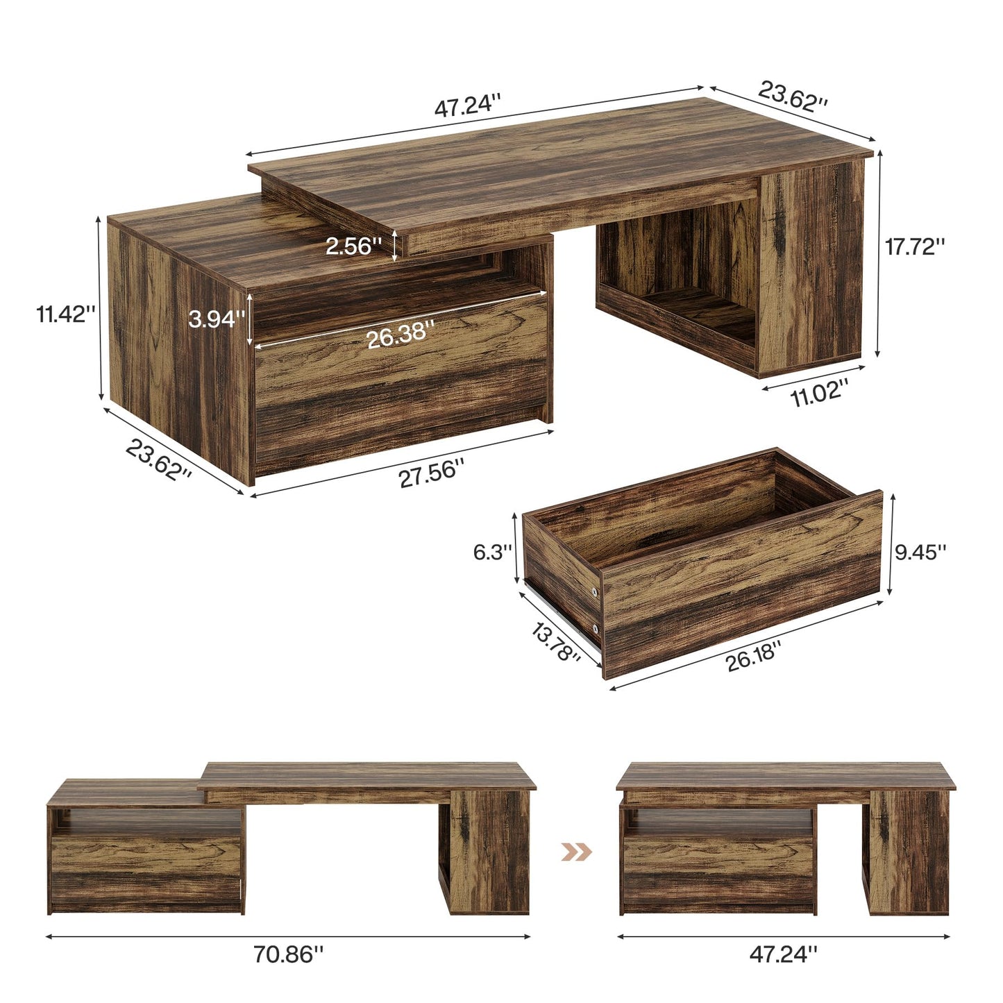 Tribesigns Extendable Coffee Table, 47"-70" Length Wooden Center Table with Drawer, Reversible Farmhouse Cocktail Table with Storage for Living Room, Rustic Brown