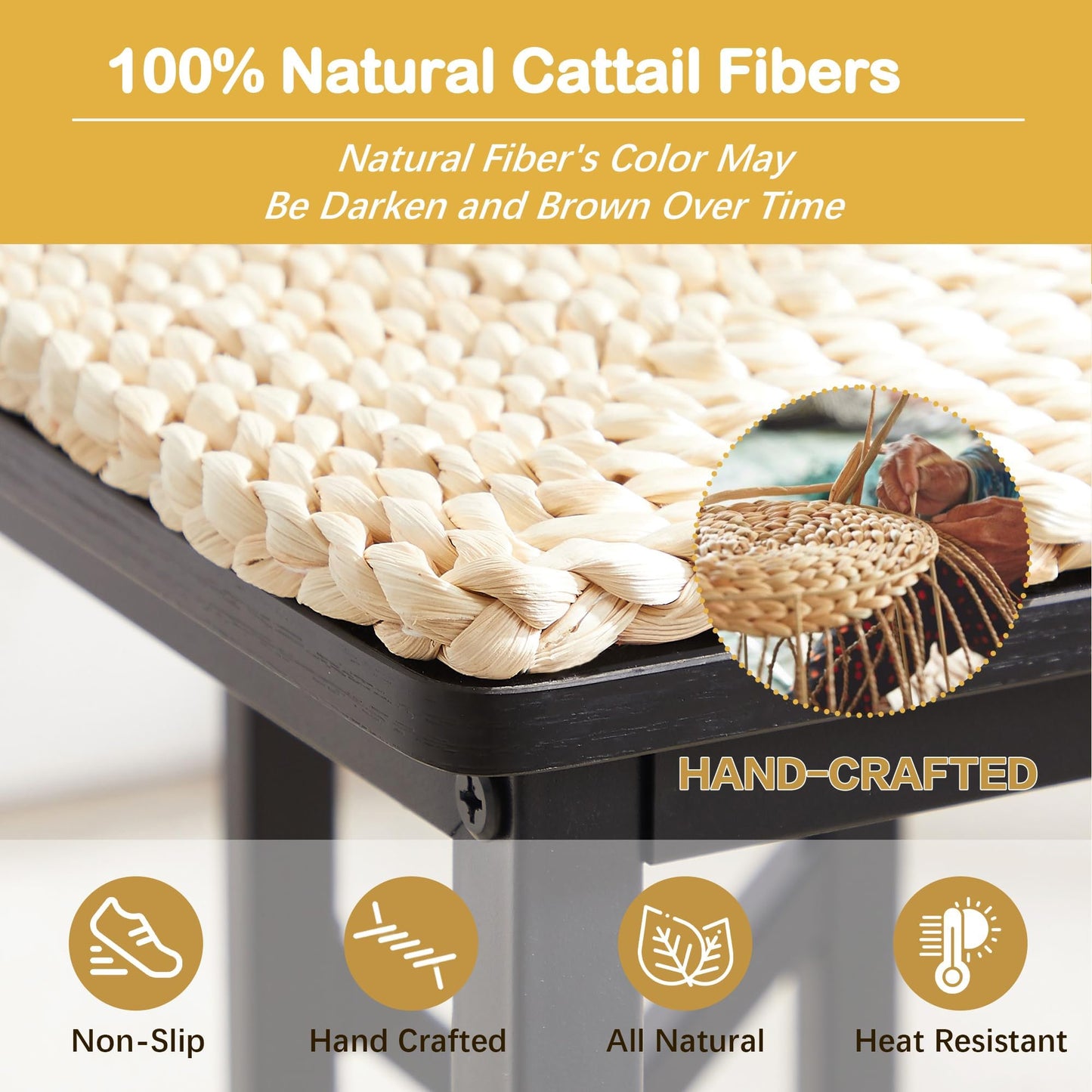 VECELO 43.3" Dining Table Sets, Farmhouse Kitchen Table for 4 with 3 Seats & Wicker Seat Cushions,Metal Frame Space-Saving Adjustable Feets Coffee Table for Home Kitchen Dining, Pitch Black