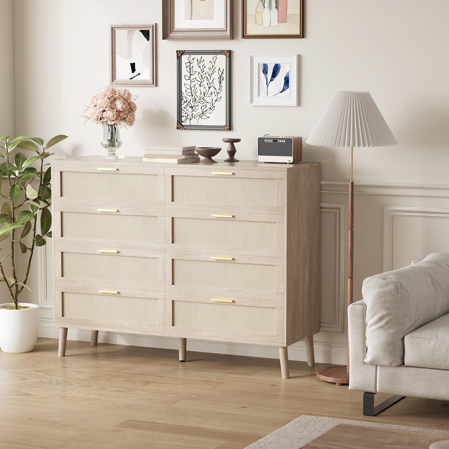 8 Drawer Rattan Dresser,47.2" x 15.7" x 37" Modern Chest of Drawers Beside Table,Mid Century Modern Dresser for Closet with Handles for Bedroom, Living Room,Hallway, Entryway