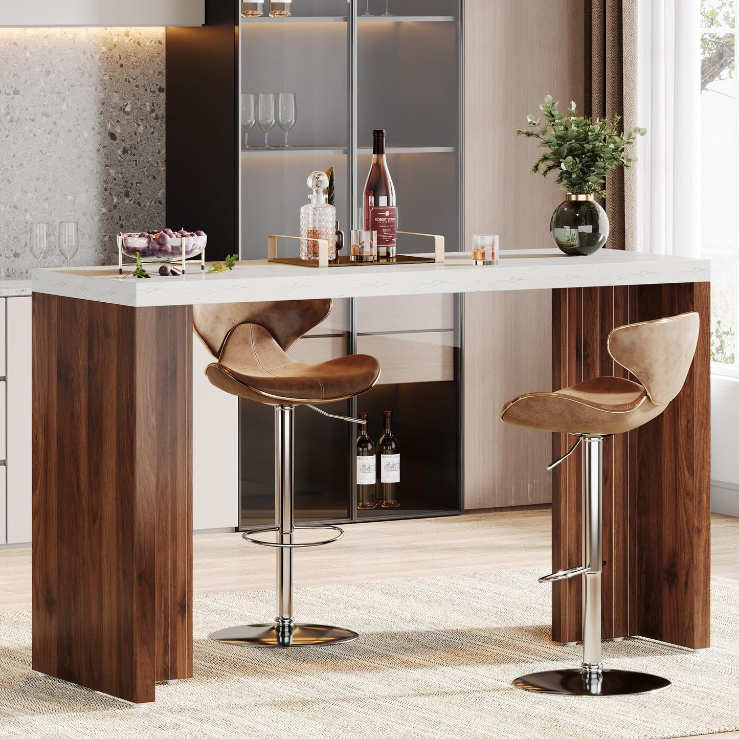 Tribesigns Home Bar Unit, 55.12-Inch Bar Table with a Faux Marble Finished Tabletop, Modern Freestanding Mini Bar for Home Kitchen, Living Room, Balcony, Basement, Walnut & White