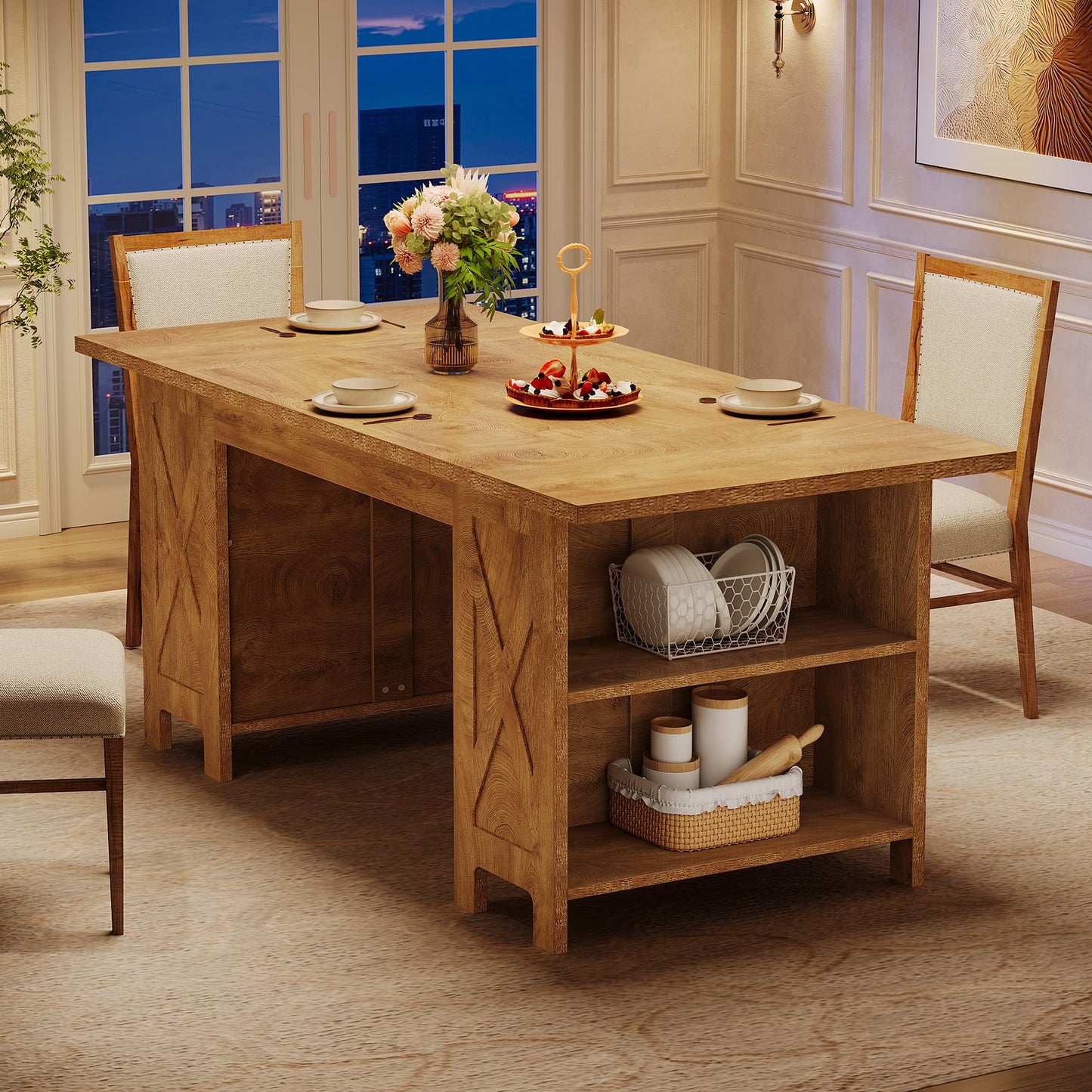 Tribesigns 63" Farmhouse Dining Table with Storage, Rectangular Wooden Kitchen Dinner Table for Dining Room, Living Room, Fit for 2-4 People, Rustic Brown