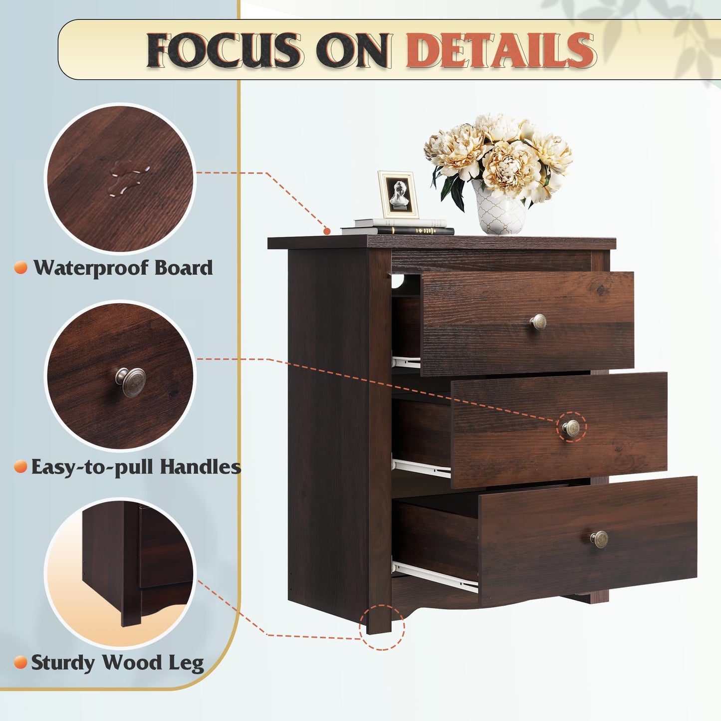 WLIVE Tall Nightstand with Charging Station, Wood Nightstand with 3 Drawers, Bedside Tables Bedroom, Dorm, End Table with 2 USB Ports and 2 AC Outlets, Bedside Table, Espresso