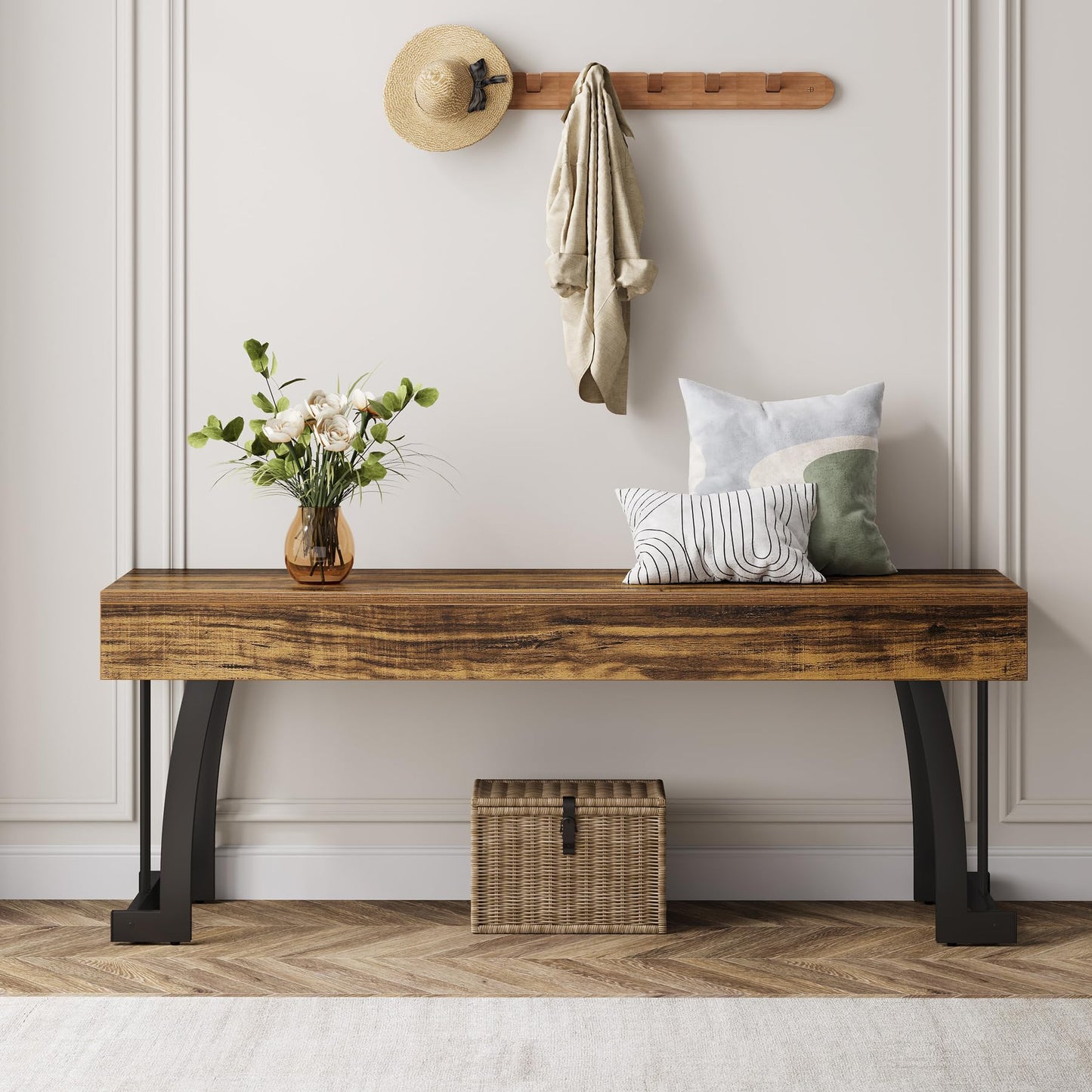 Tribesigns Wooden Entryway Bench, 47.24" Rustic Indoor End of Bed Bench with Sturdy Metal Legs, Long Dining Seat for Dining Room, Bedroom, Entry, Mudroom