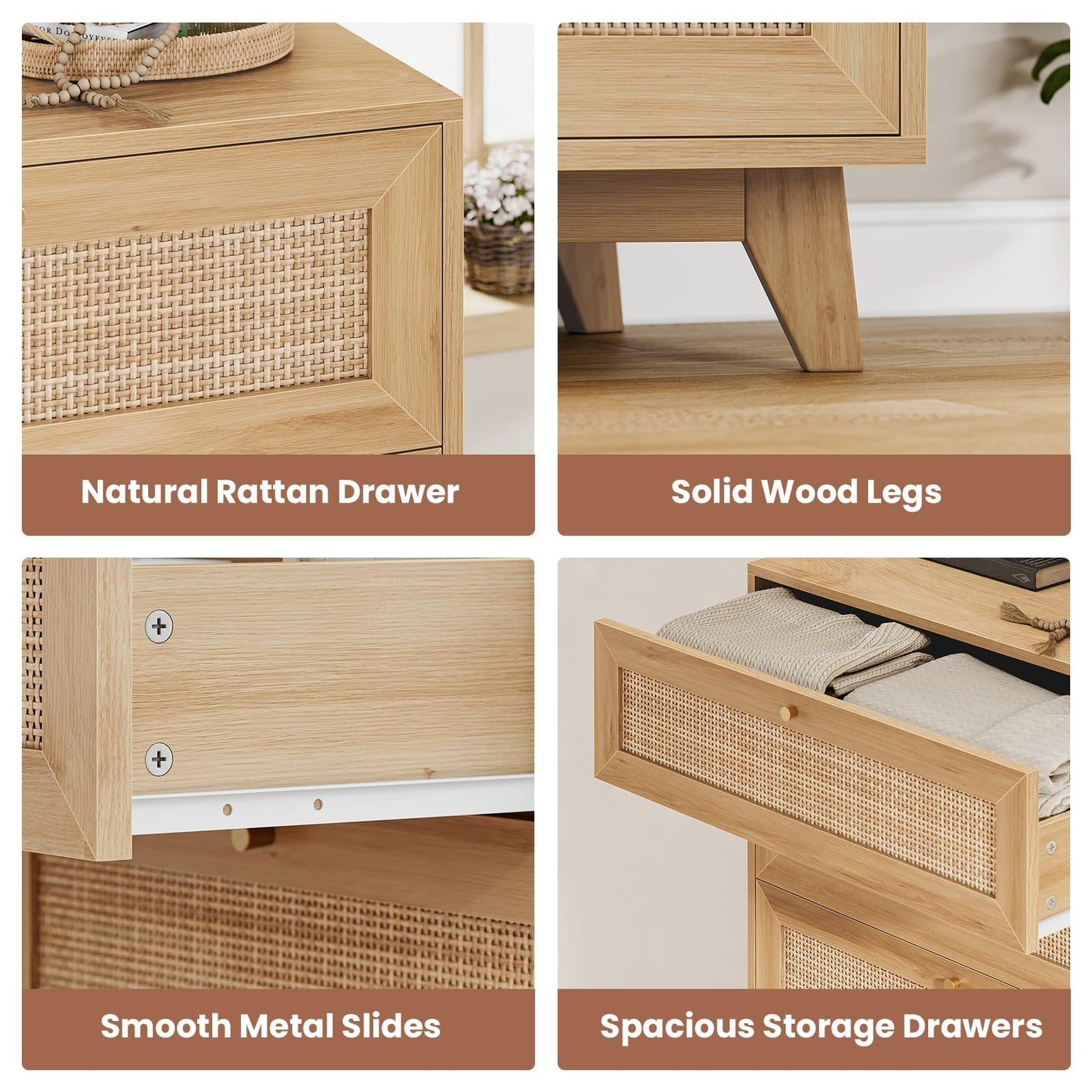 VIAGDO Rattan Dresser for Bedroom, 7 Drawer Dresser with Natural Rattan Drawers, Wooden Wide Cabinet with Gold Handles, Modern Closet Storage Chest of Drawers for Nursery Entryway Living Room