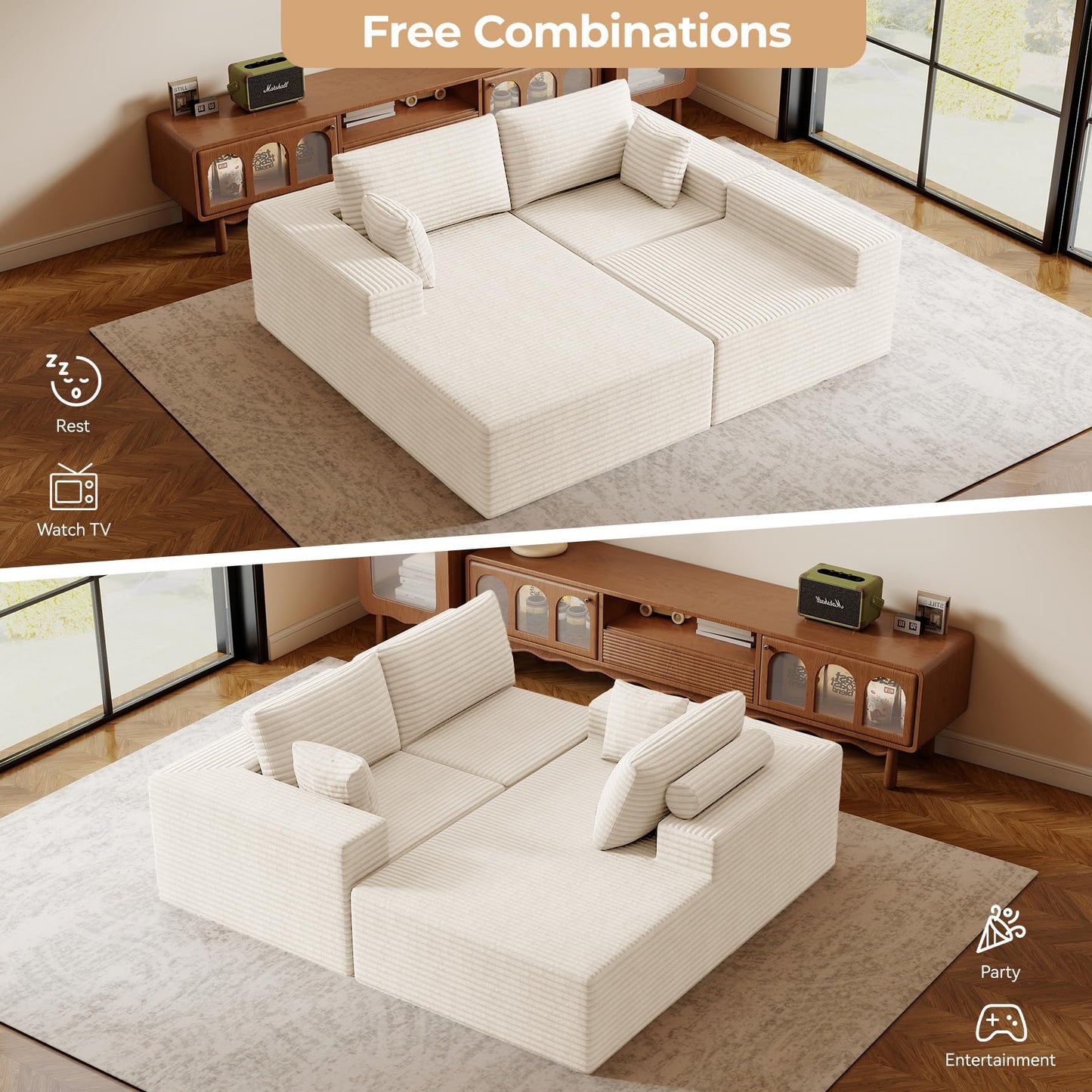 111‘’ Modular Sectional Cloud Couches with L Shaped Chaise, Upholstered Deep Seat Boneless Sofa for Living Room, Bedroom, No Assembly Required-Beige