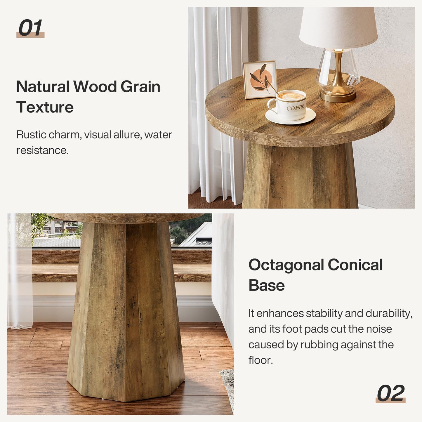 Tribesigns Farmhouse Round End Table, Wooden Couch Side Table with Octagonal Base, Rustic Brown Nightstand Pedestal Accent Furniture for Living Room, Bedroom (1)