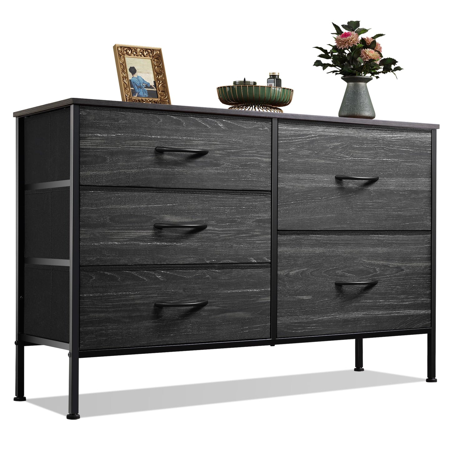 WLIVE Dresser for Bedroom with 5 Drawers, Wide Dressers with Drawer Organizers, Chest of Drawers, Fabric Dresser for Living Room, Closet, Hallway, Charcoal Black Wood Grain Print