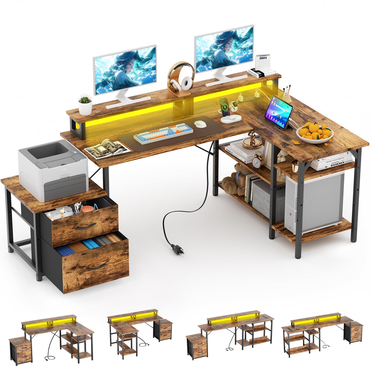 Briteglotec 67'' L Shaped Home Office Desk, Large Reversible Gaming Desk, Corner Computer Desks with File Drawers, Rustic Brown