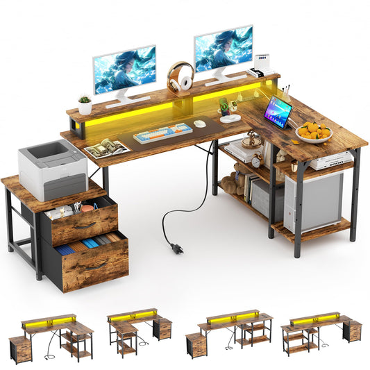 Briteglotec 67'' L Shaped Home Office Desk, Large Reversible Gaming Desk, Corner Computer Desks with File Drawers, Rustic Brown