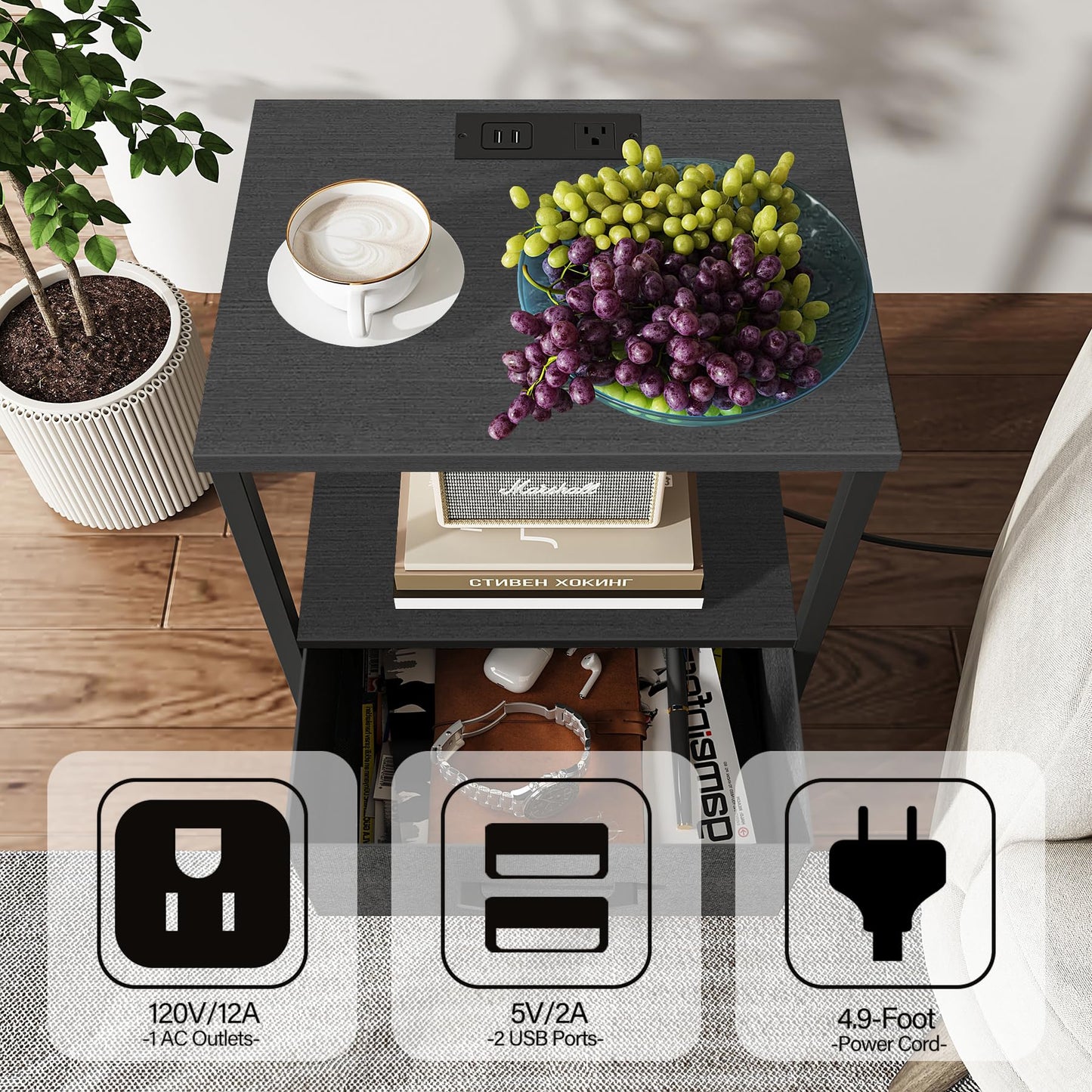 TUTOTAK End Table with Charging Station, Side Table with 2 USB Ports and Outlets, Nightstand with Cloth Drawer, Set of 2, Couch Table, Black TB01BK052