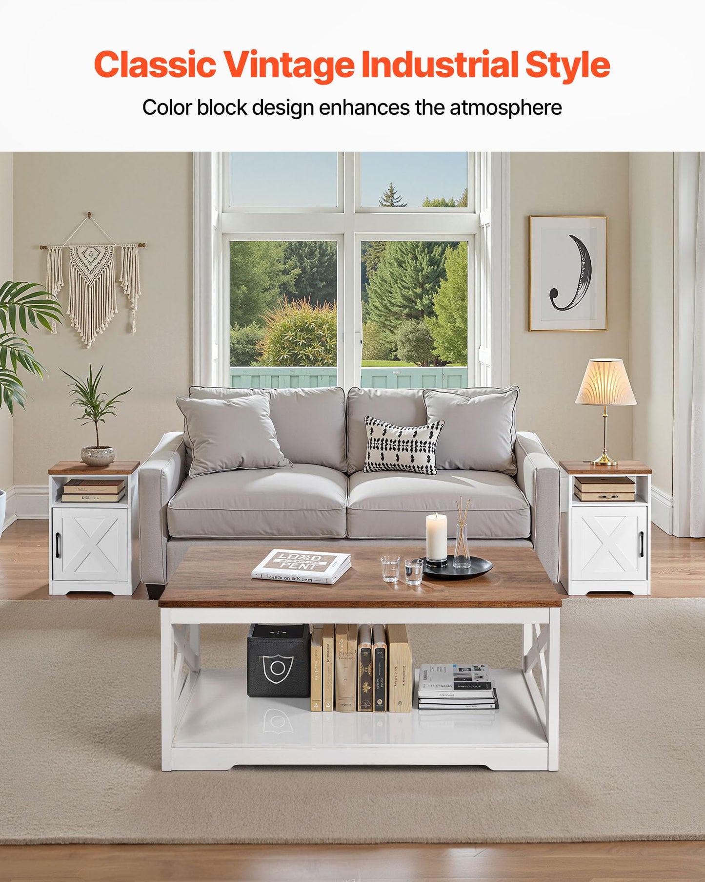 VEVOR 3 Pieces Farmhouse Coffee Table Sets, 40 Inch Industrial Coffee Table with 2 End Tables, Easy Assembly Coffee and Side Tables Sets with Charging Station, for Office, Living Room & Apartment