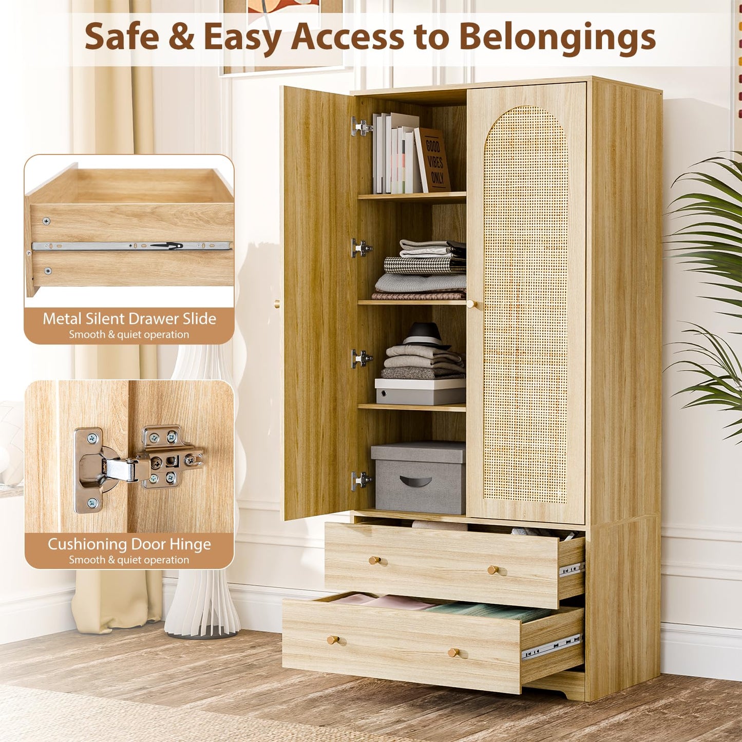 VINGLI Wardrobe Closet with Doors, Rattan Armoire Wardrobe Closet with Drawers & Hanging Rod, Wooden Armoire for Hanging Clothes, Natural Oak, 68.9" H