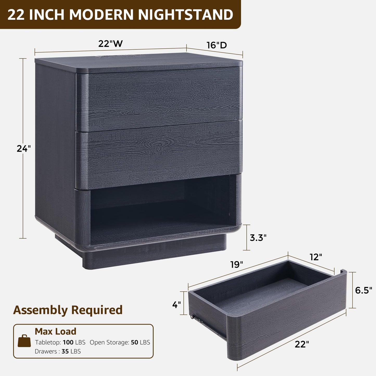 ACCOHOHO Nightstand with Charging Station, 22" Push-to-Open Bedside Table with 2 Storage Drawers, Large Modern End Table for Bedroom,Black