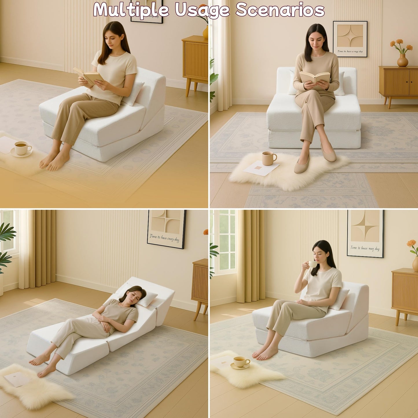 Trygoal Convertible Sofa Bed, Convertible Fold Out Couch with Pillow, Alpaca Wool Fabric Portable Foldable Floor Sofa with High-Density Foam, Sleeper Lounge Chair for Living Room Apartment, Beige